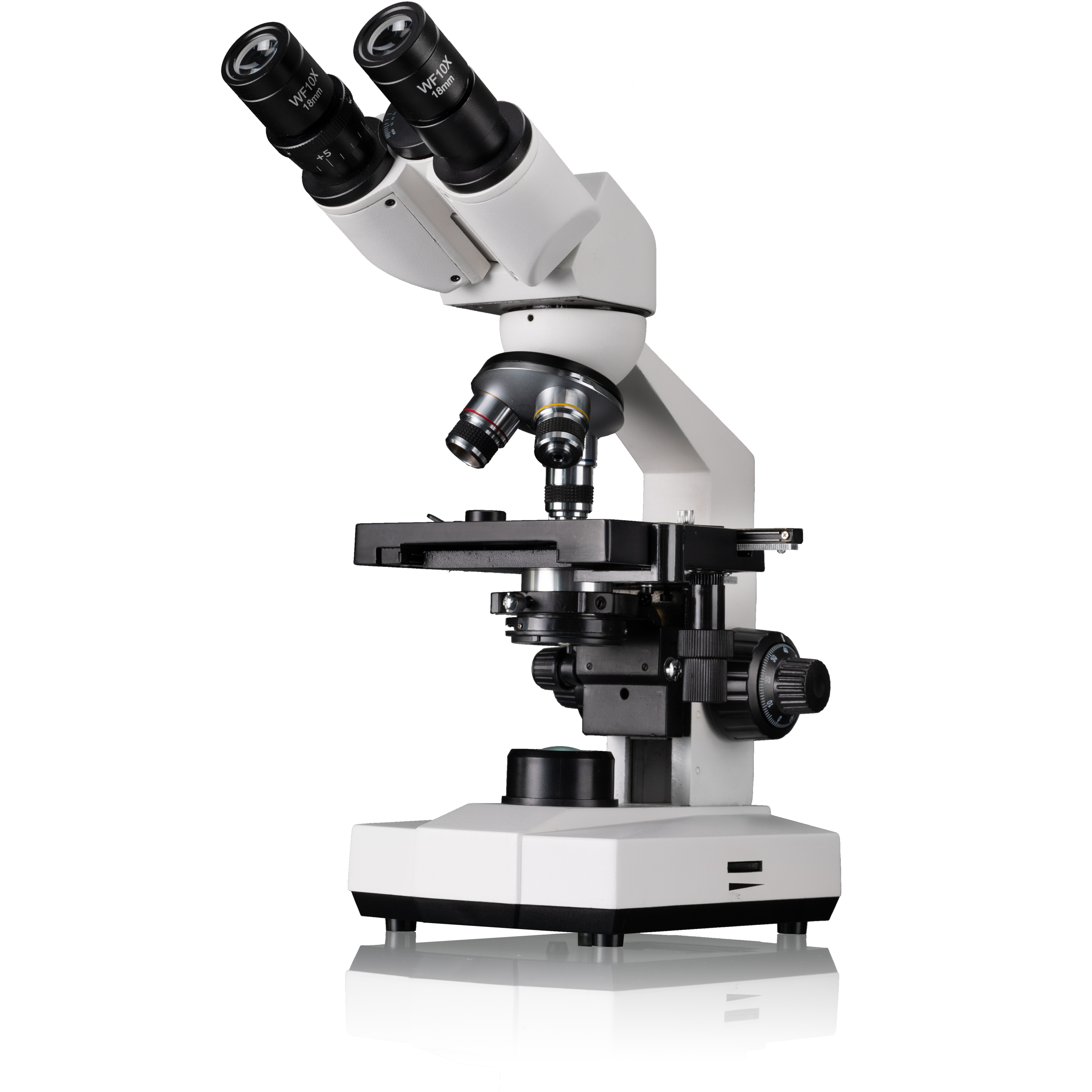 Un microscopio blanco con dos oculares, varias lentes y una base blanca.