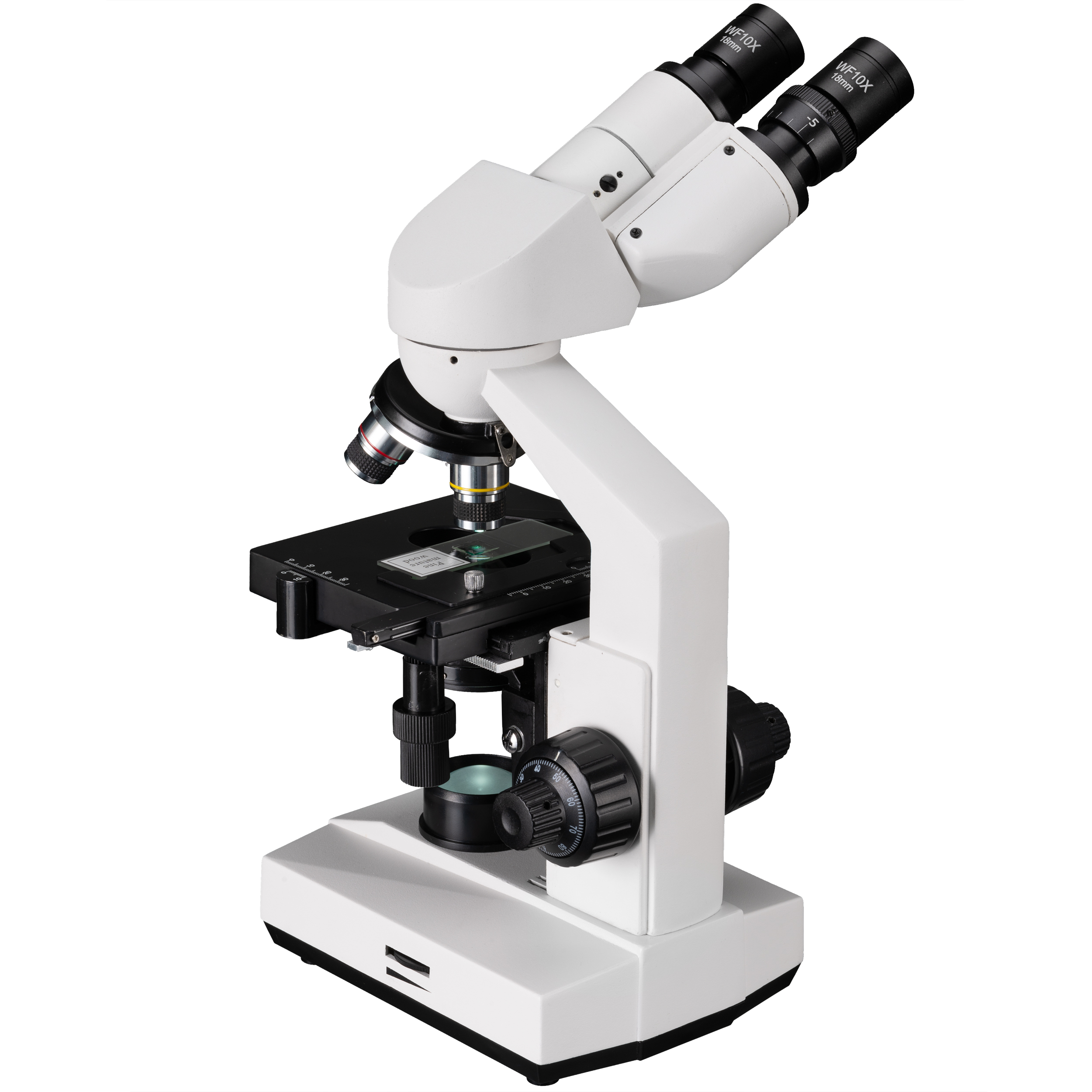 Un microscopio blanco con dos oculares. Está sobre un fondo blanco.