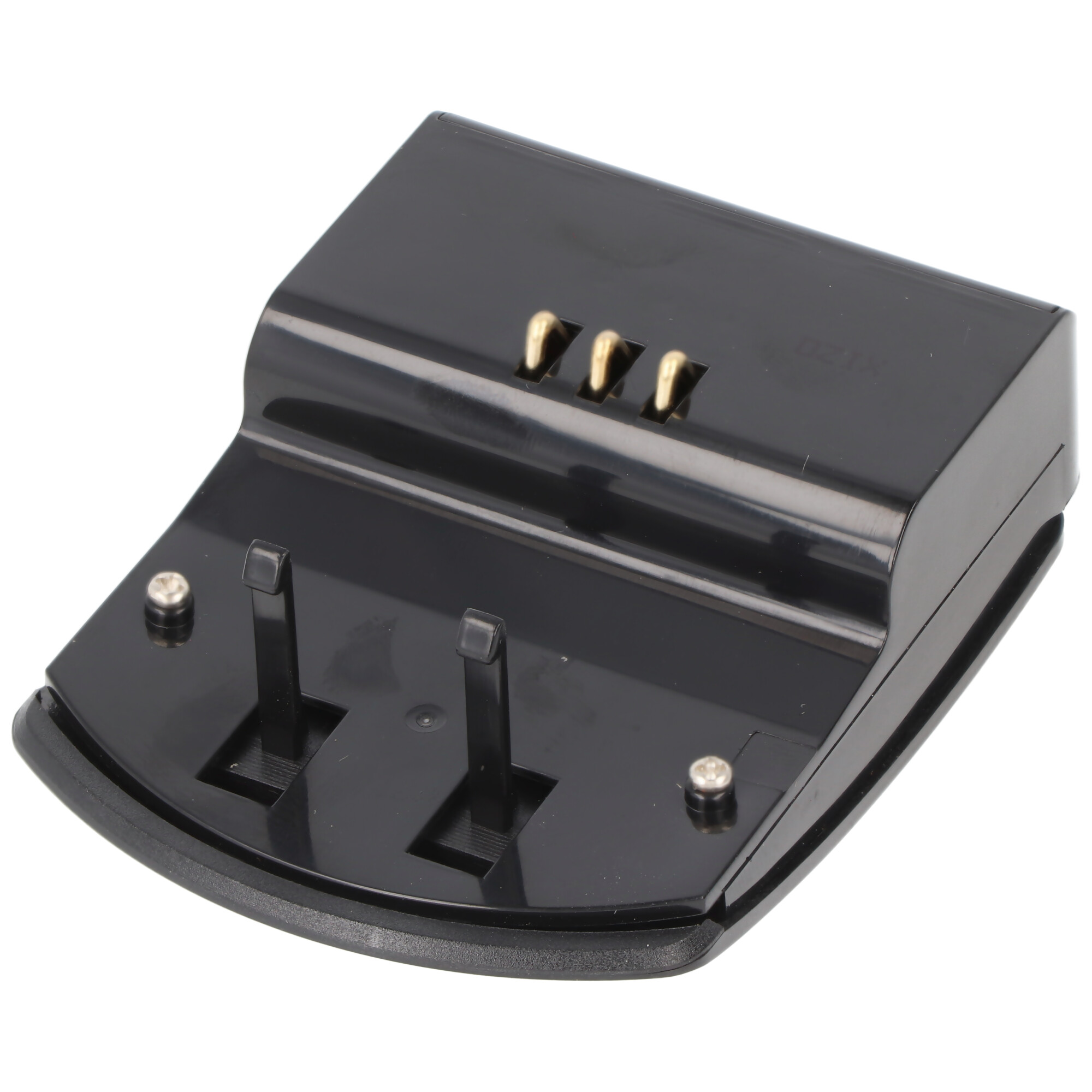 Eine schwarze Ladestation mit drei Stiften und zwei Schlitzen für ein Wearable-Gerät.