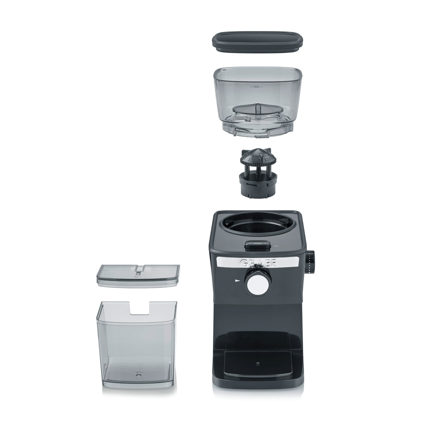 Rozłożony młynek do kawy, z widocznymi elementami, na białym tle.