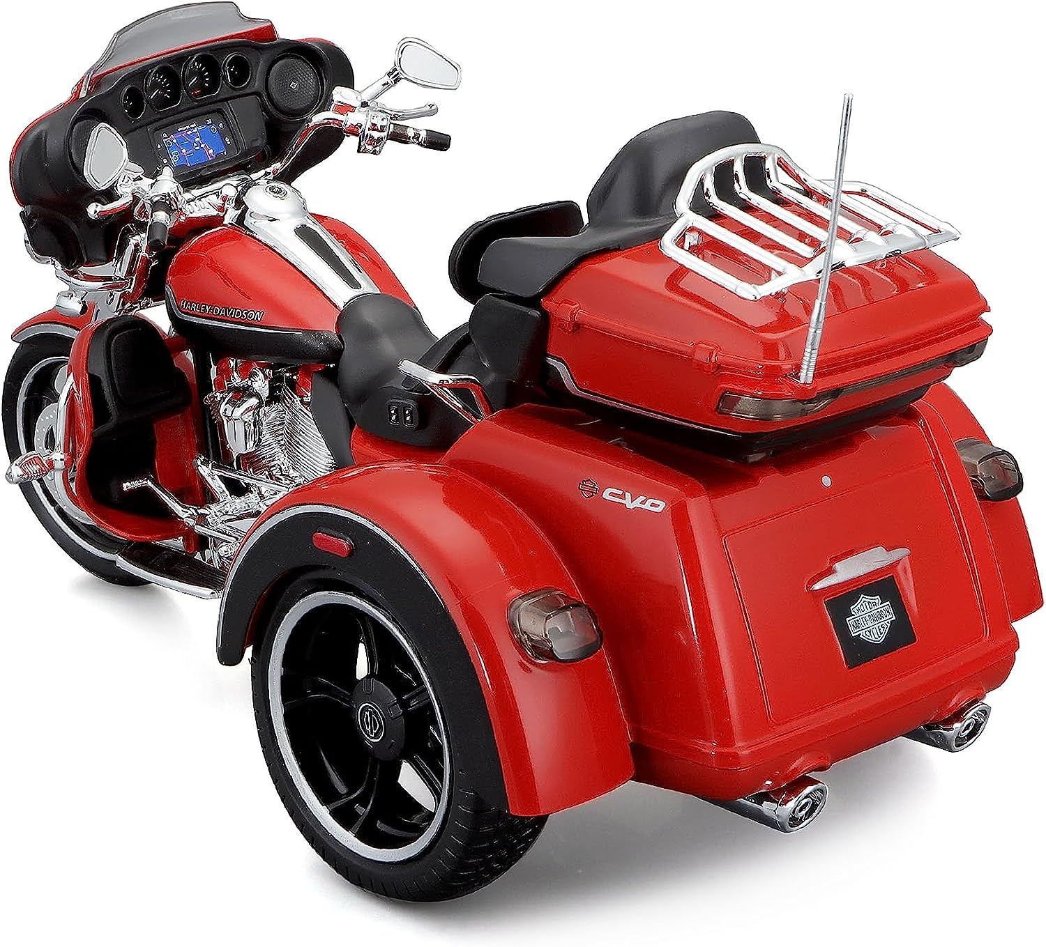 Rotes Harley-Davidson Trike-Motorradmodell mit Chromdetails, schwarzen Rädern und Gepäckbox.