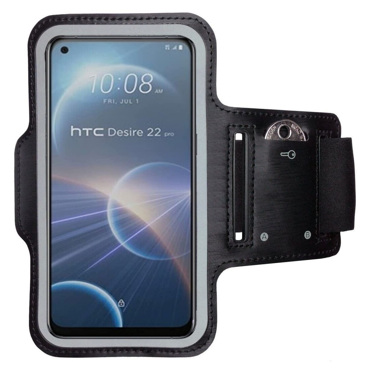 Schwarzes HTC-Telefon in einer schwarzen Armbinde. Telefon zeigt 10:08, 1. Juli. Münze und Schlüssel in einer Tasche.