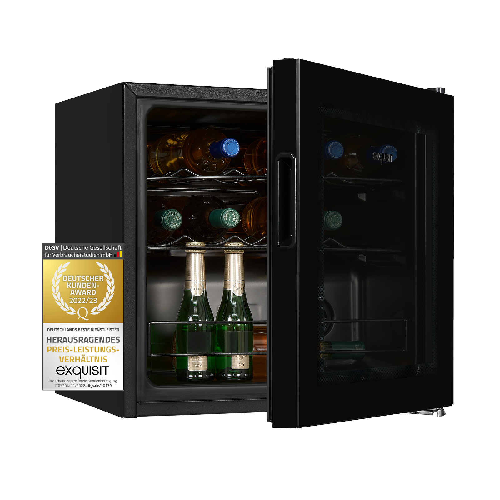 Ein schwarzer Weinkühler mit Glastür. Flaschen Wein sind innen sichtbar, mit einer goldenen Auszeichnung an der Seite.