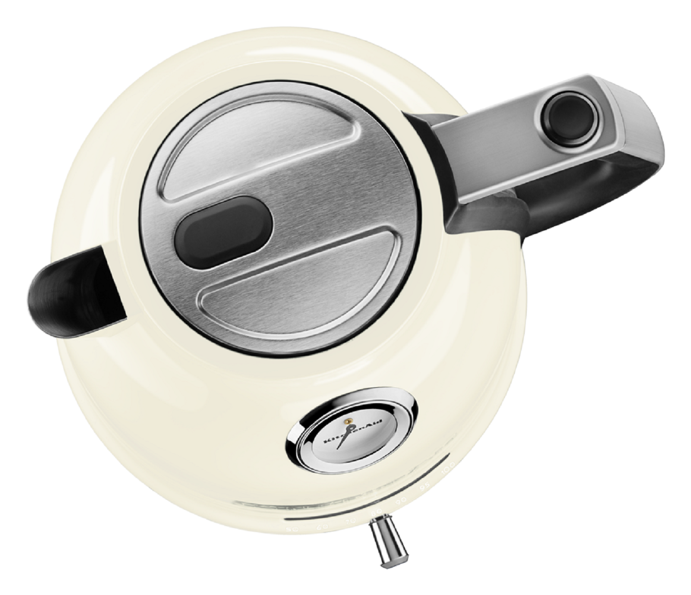 Kremowy czajnik elektryczny, widok z góry, ze stalową pokrywą i uchwytem.