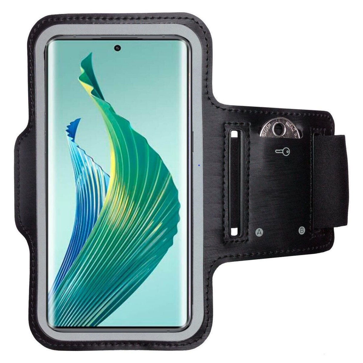 Schwarze und graue Armbinde. Sie hält ein Telefon und hat auch einen Münzschlitz und einen Riemen.