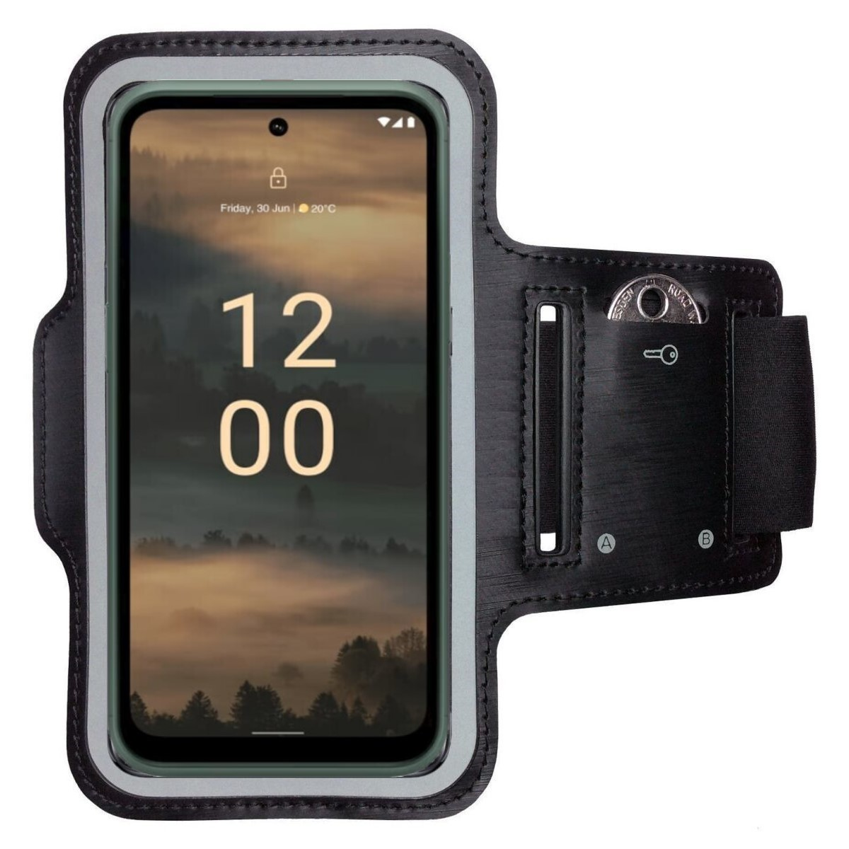 Schwarze Armbinde mit Telefon, das Uhrzeit und Datum anzeigt, sowie einer Schlüssel- und Münztasche.