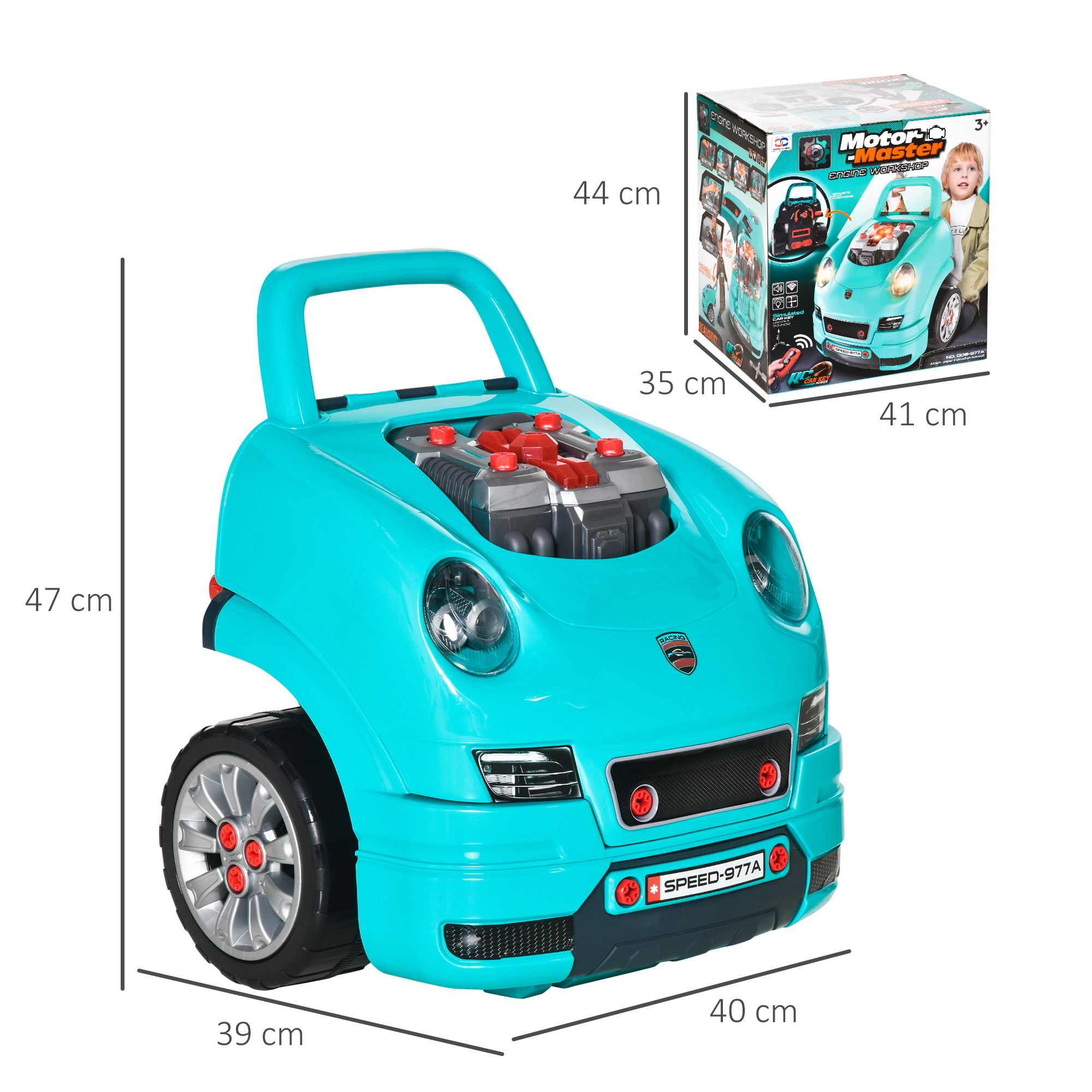 Coche de juguete turquesa con una caja. La caja muestra las dimensiones del coche.