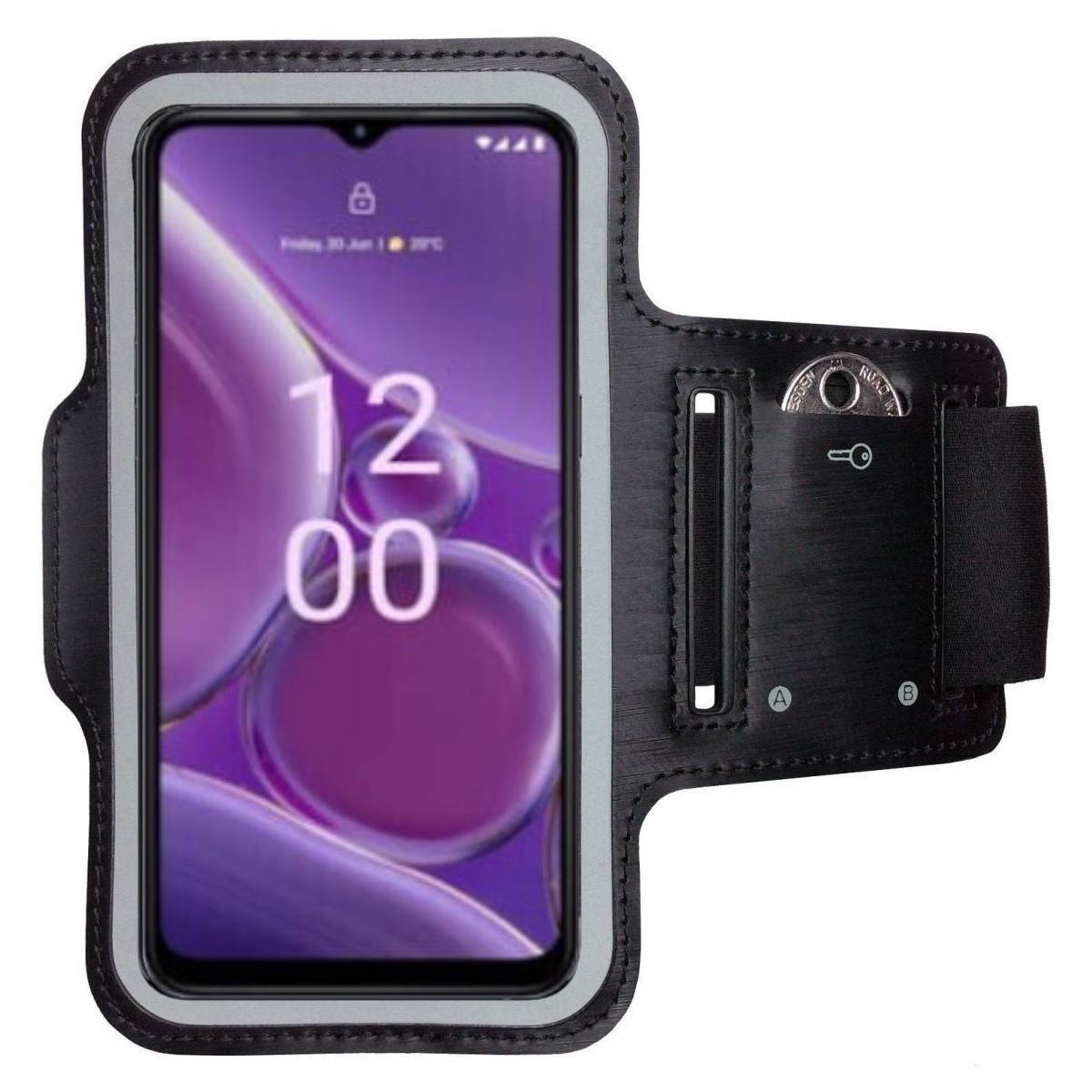 Schwarze Telefon-Armbinde mit Telefon, Münze und Riemen. Das Telefon zeigt 12:00 Uhr.