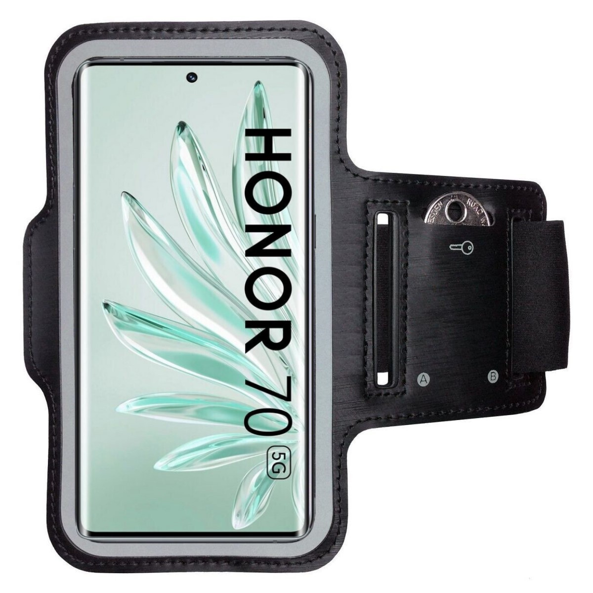 Schwarze Honor 70 Telefon-Armbinde mit Münzfach. Telefon wird mit grünem Hintergrund angezeigt.