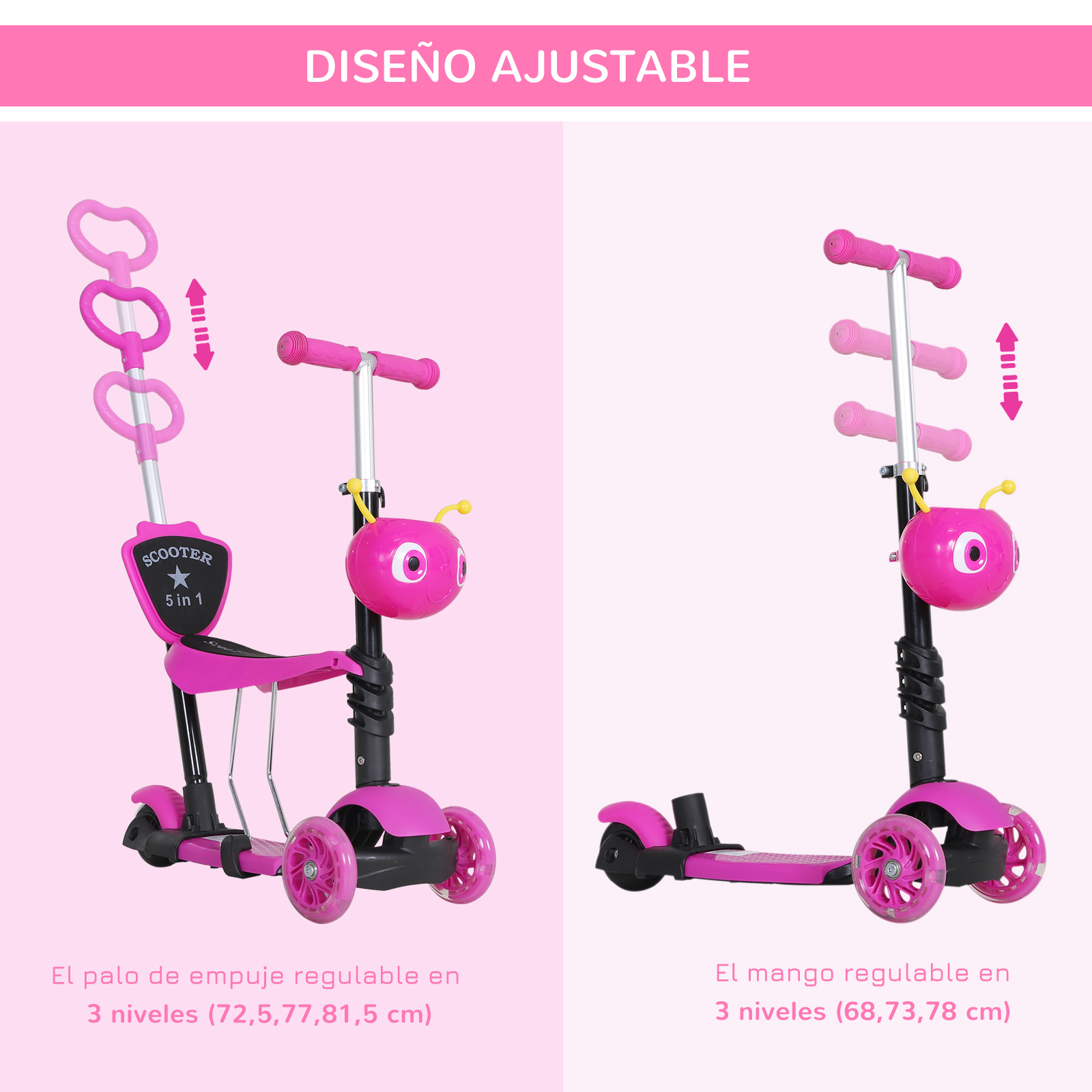 Un patinete rosa con funciones ajustables, que incluye una barra de empuje y un manillar, se muestra en dos vistas.