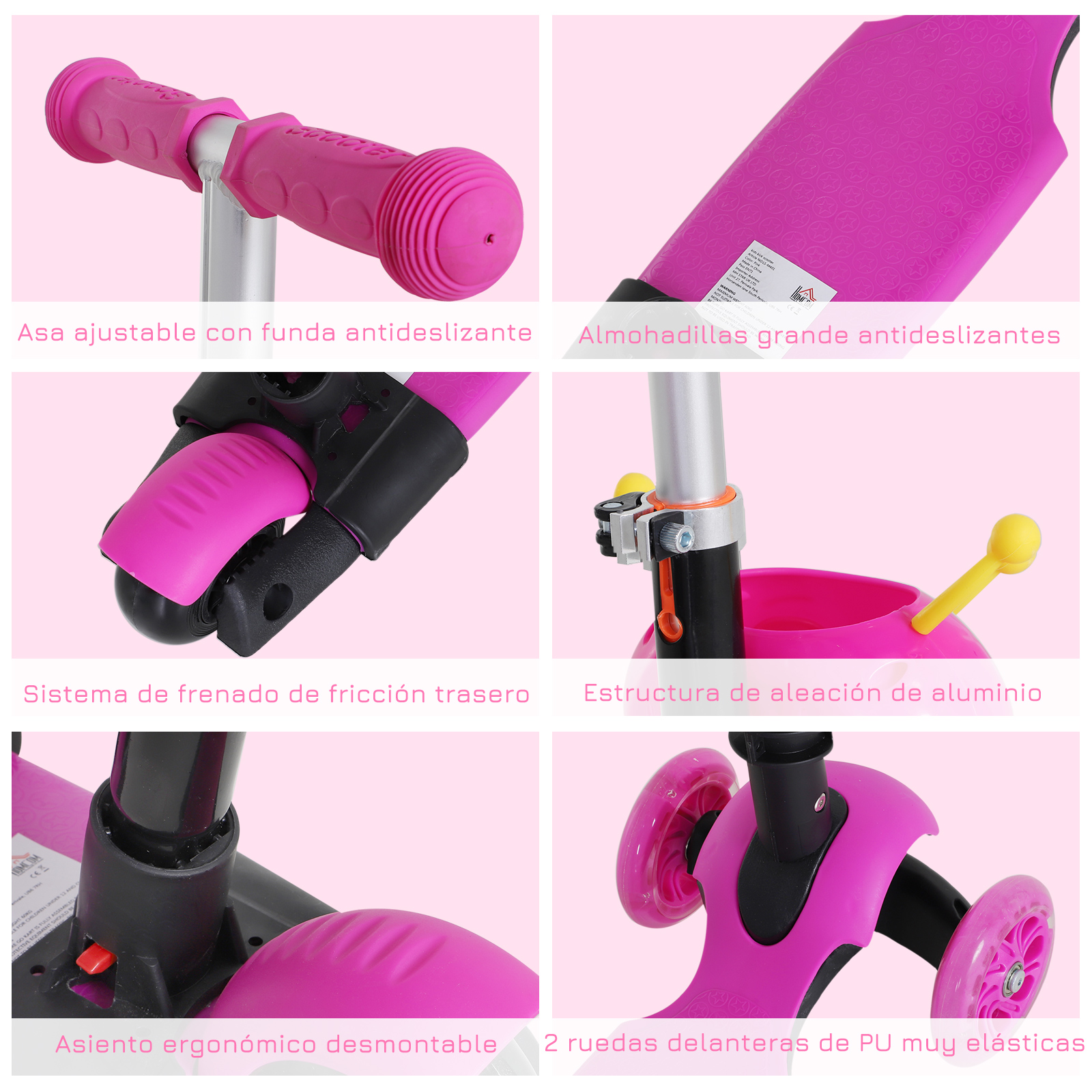 Un patinete rosa con varias características. Manillar ajustable, almohadillas antideslizantes, sistema de freno trasero.