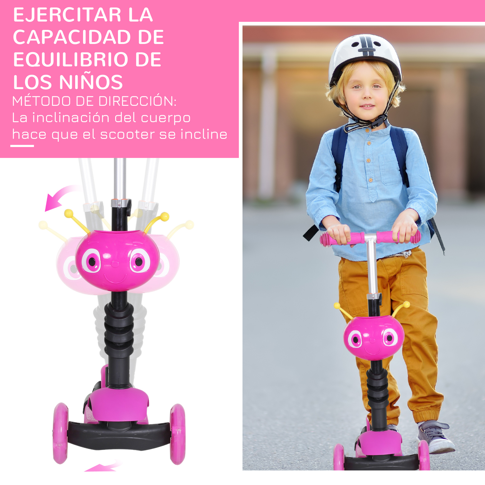 Un niño en un patinete rosa con texto que promueve el equilibrio.