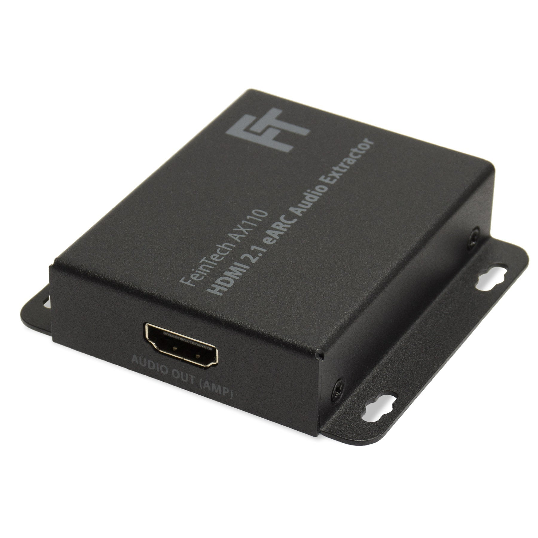 Schwarzer HDMI 2.1 eARC Audio Extractor mit HDMI- und Audioausgängen auf weißem Hintergrund.