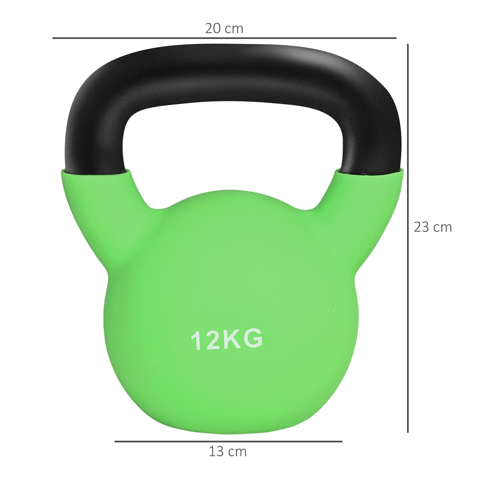 Kettlebell verde con asa negra. Muestra el peso como 12KG. Aislada sobre fondo blanco.