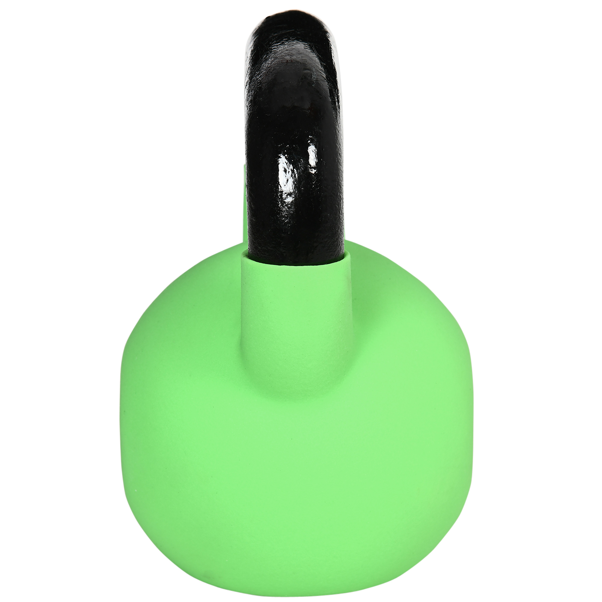 Kettlebell verde con asa negra. Visto desde arriba.