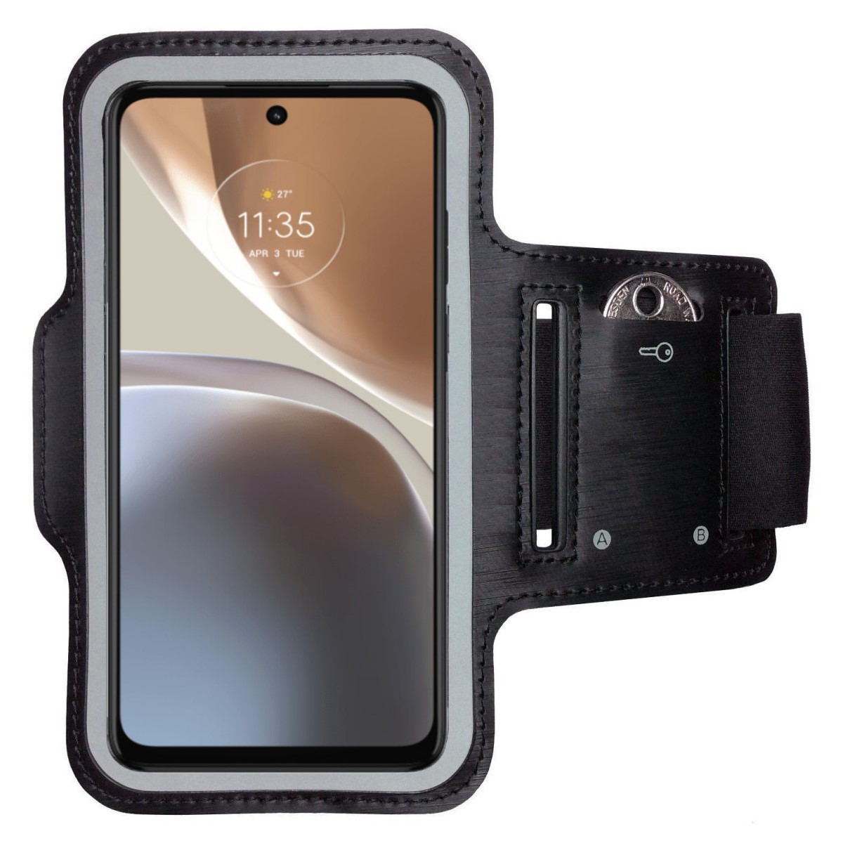 Schwarze Armbinde mit Smartphone, das die Uhrzeit und ein gelbes Blumenbild anzeigt. Sie hat eine Tasche.