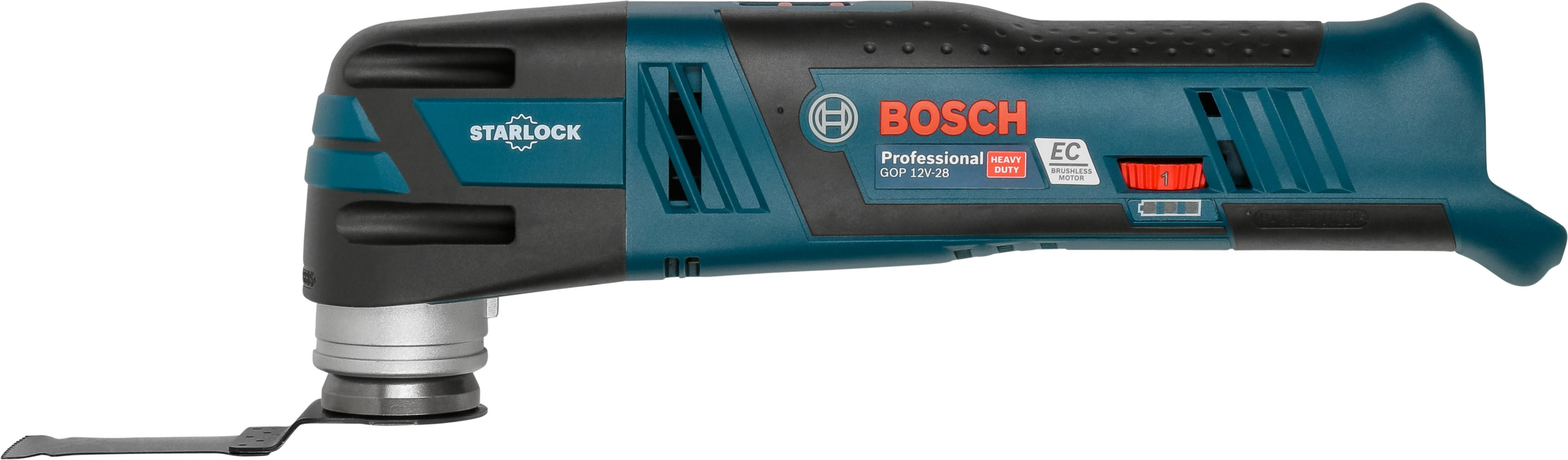 Un outil multifonction Bosch avec un corps noir et teal, avec une lame de coupe attachée.