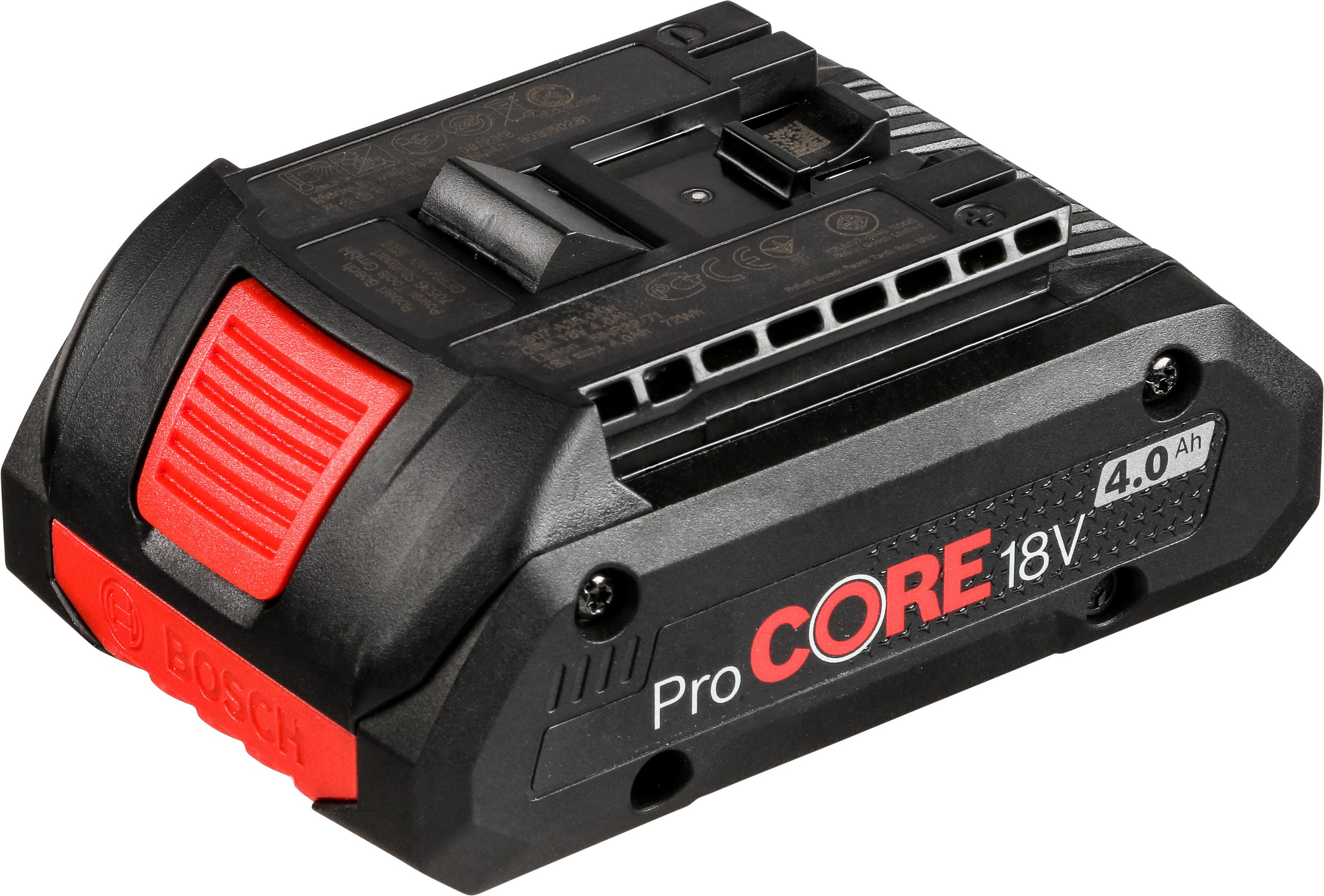 Bosch 18V ProCORE 4.0 Ah Akku, schwarz und rot, mit Text.