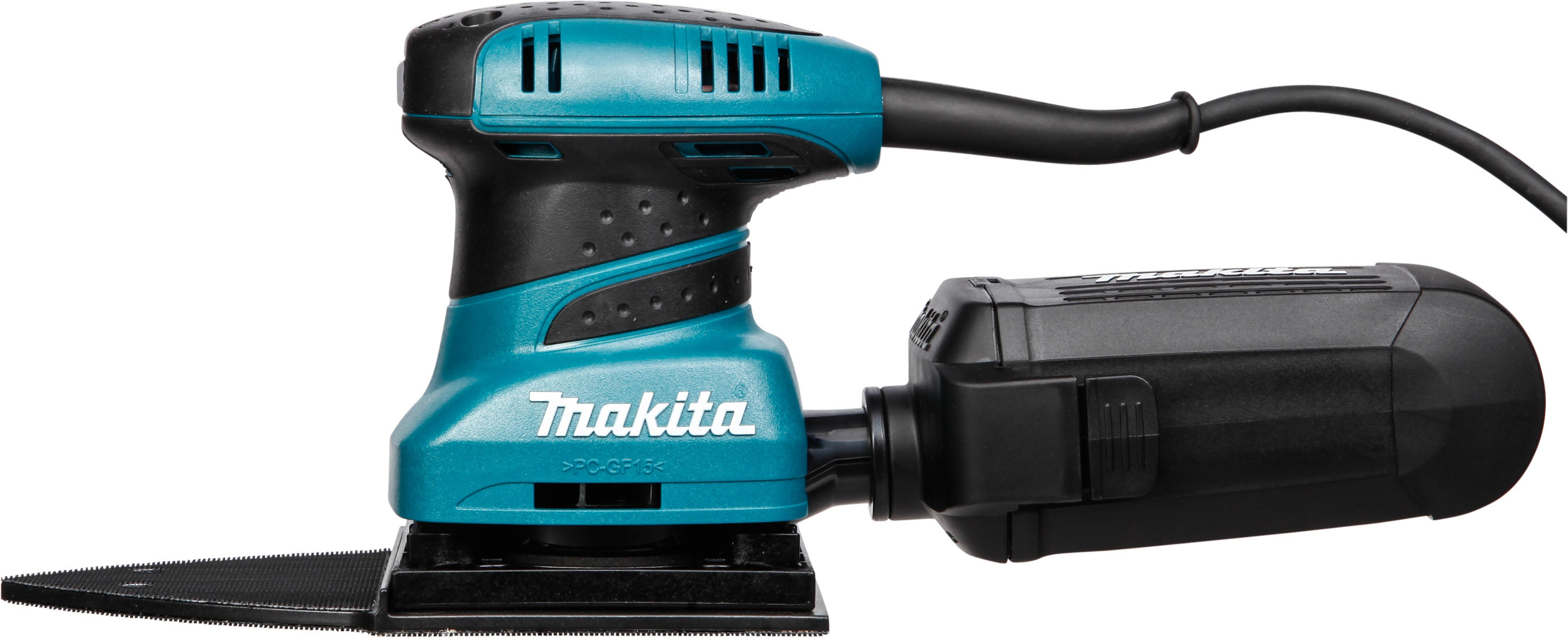 Une ponceuse Makita bleu sarcelle et noire sur fond blanc.