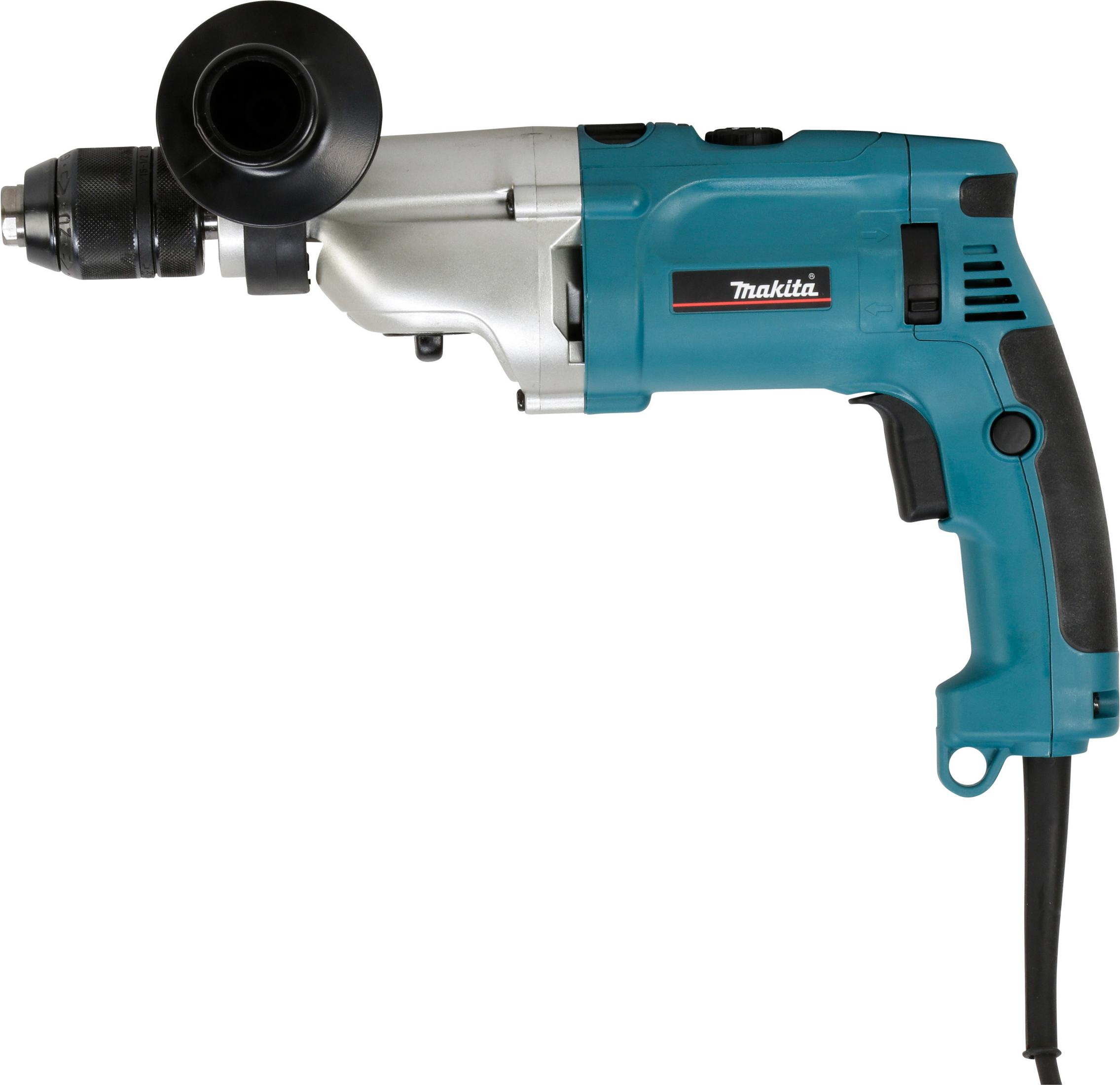 Wiertarka elektryczna Makita, turkusowa i srebrna. Czarny uchwyt. Białe tło.