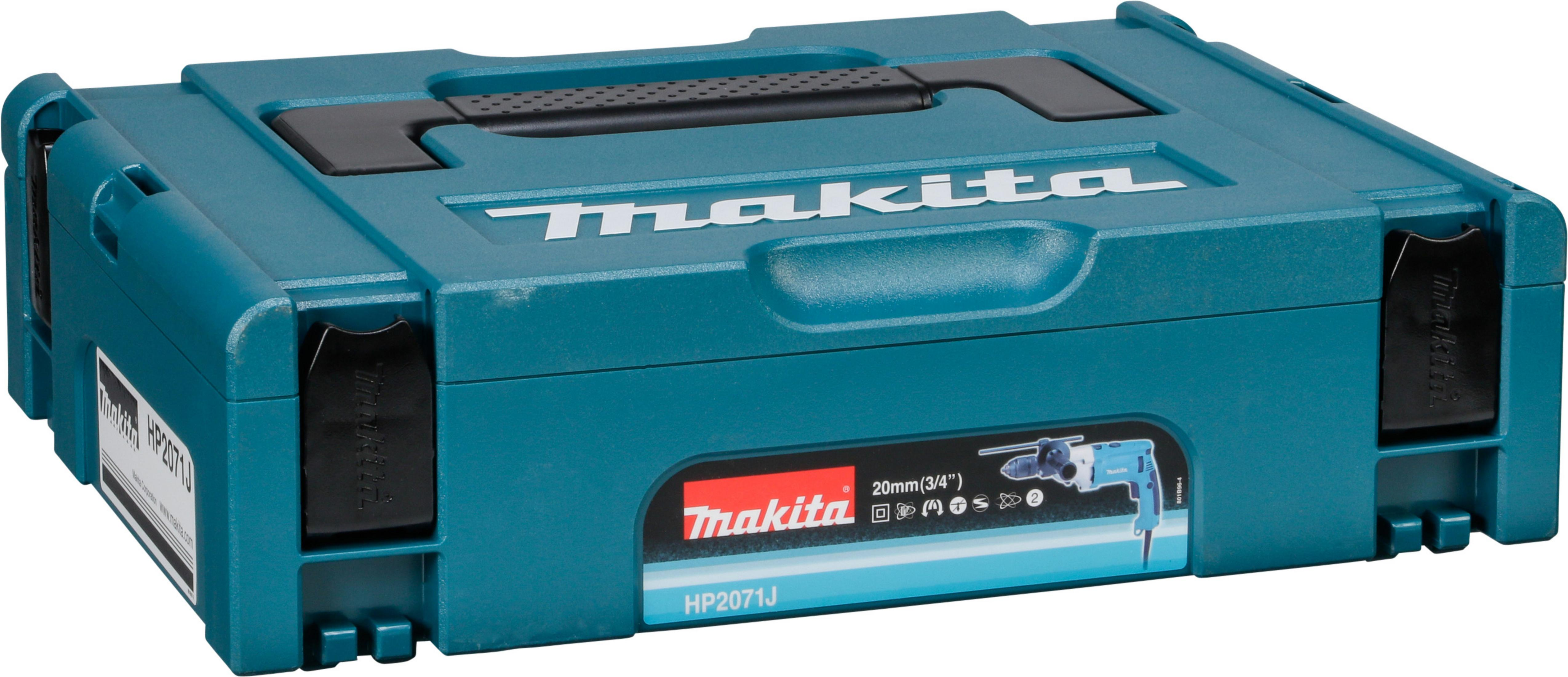 Turkusowa skrzynka narzędziowa Makita. Czarny uchwyt i zatrzaski. Widoczne logo Makita.