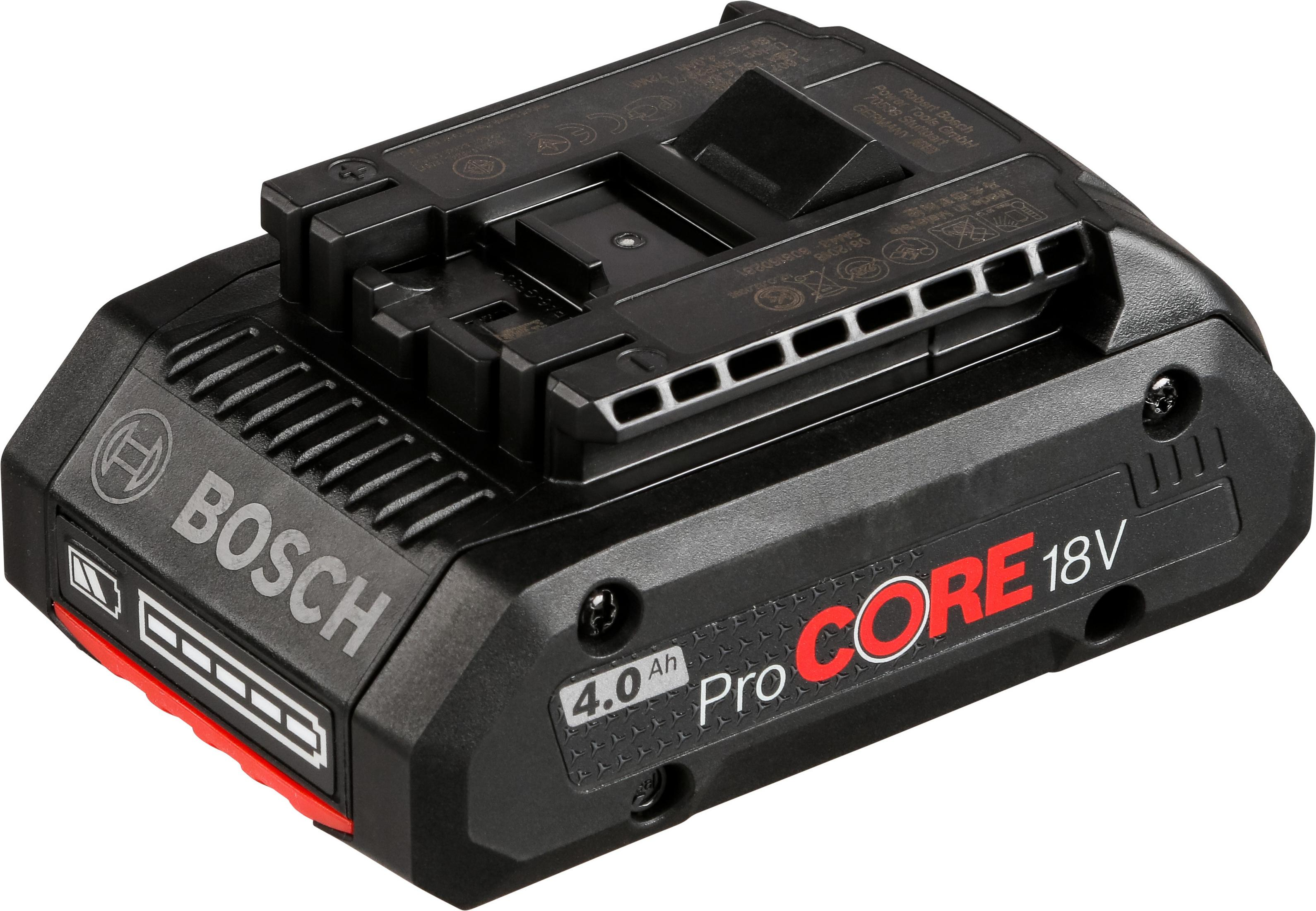 Schwarzer Bosch 18V ProCORE Akku vor weißem Hintergrund, rote Akzente.