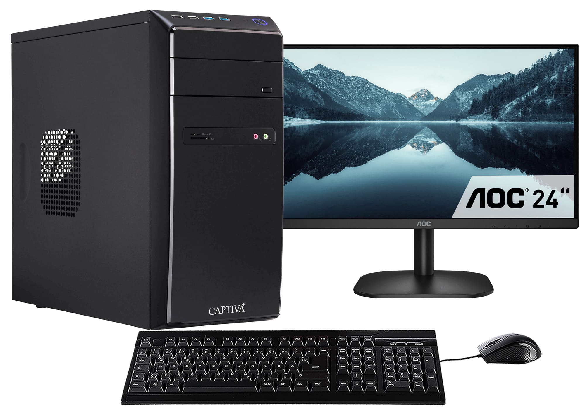 Un case per computer nero, monitor con logo AOC, tastiera e mouse. Sfondo bianco.