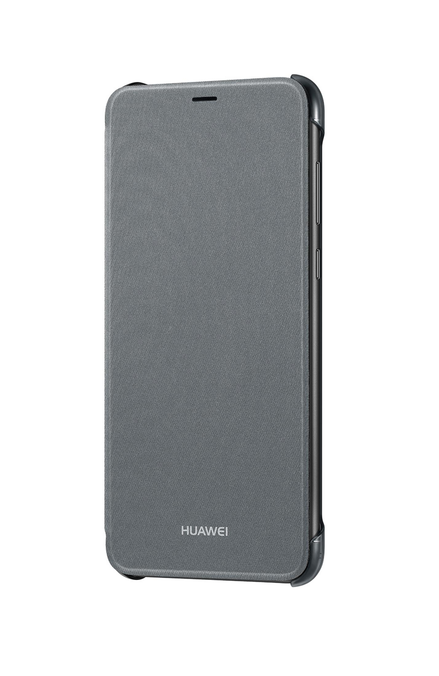 Graue Handyhülle mit HUAWEI-Logo. Schwarze Kanten. Isoliert auf Weiß.