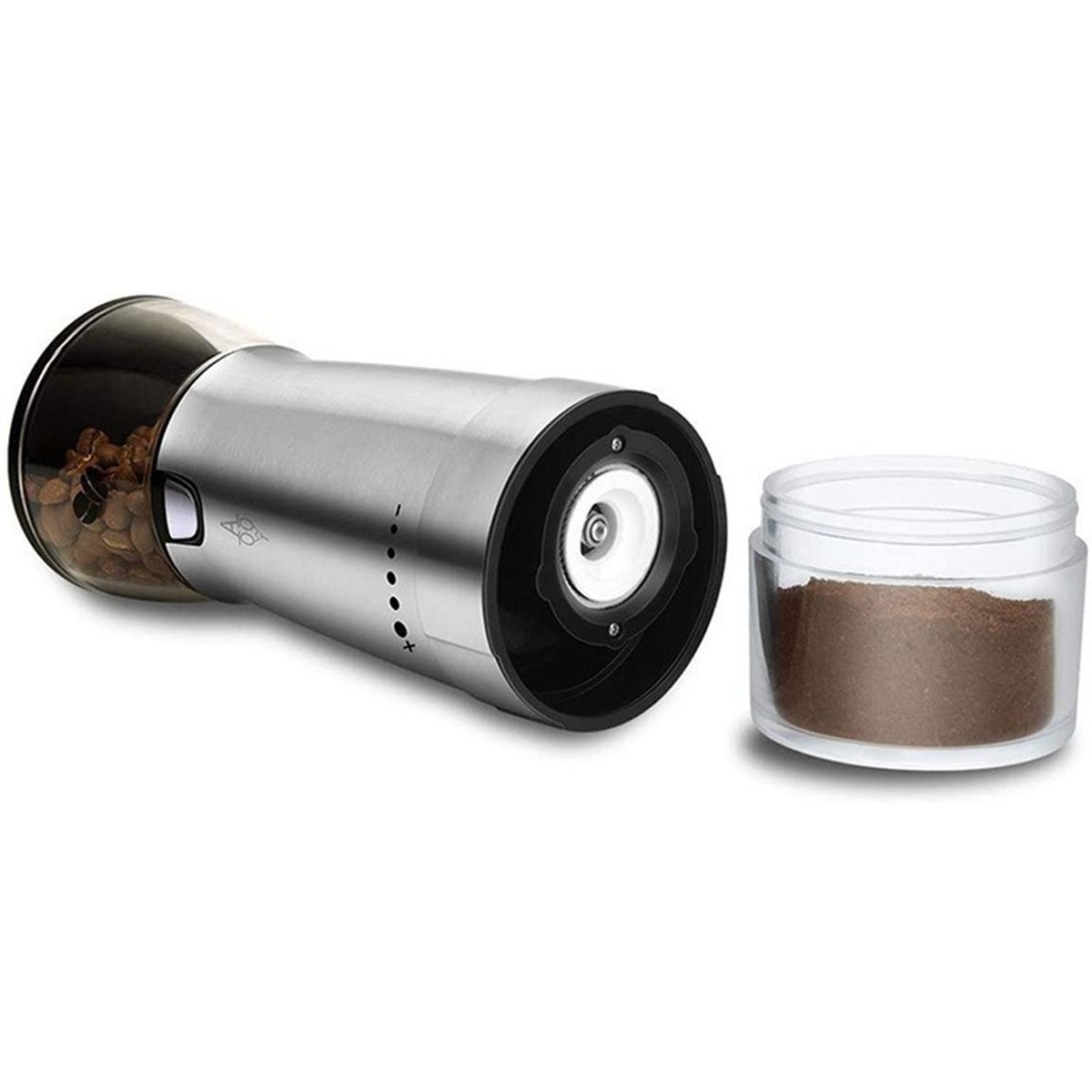 Silberner und klarer Pfeffermühle mit gemahlenem Pfeffer in einem separaten Glas.