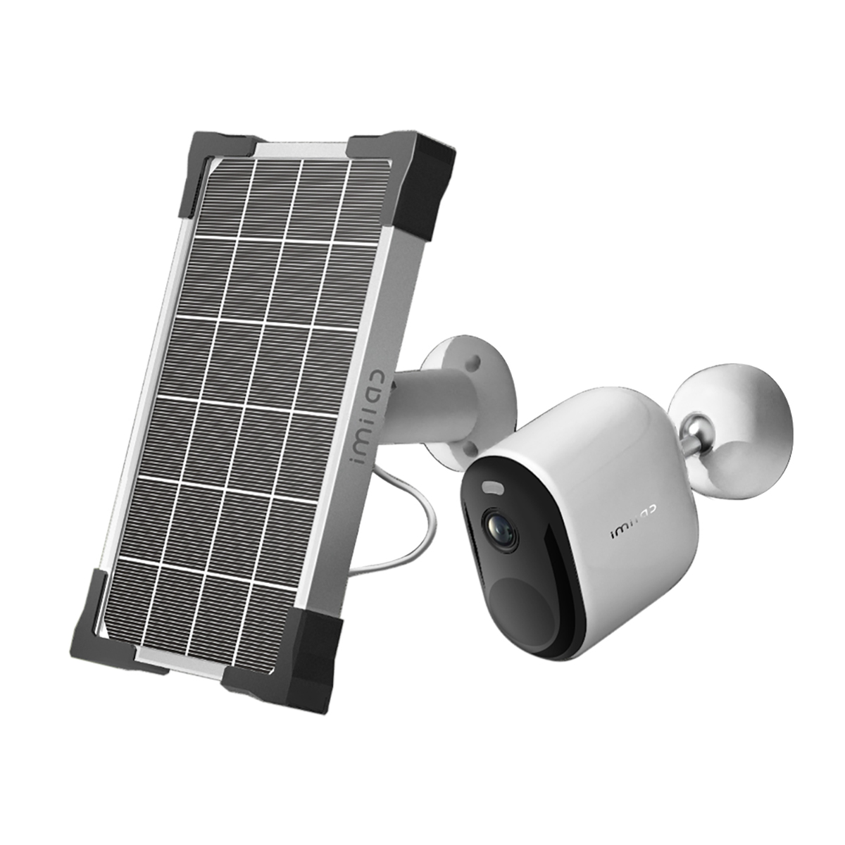 Kamera bezpieczeństwa z panelem słonecznym, biało-czarna.