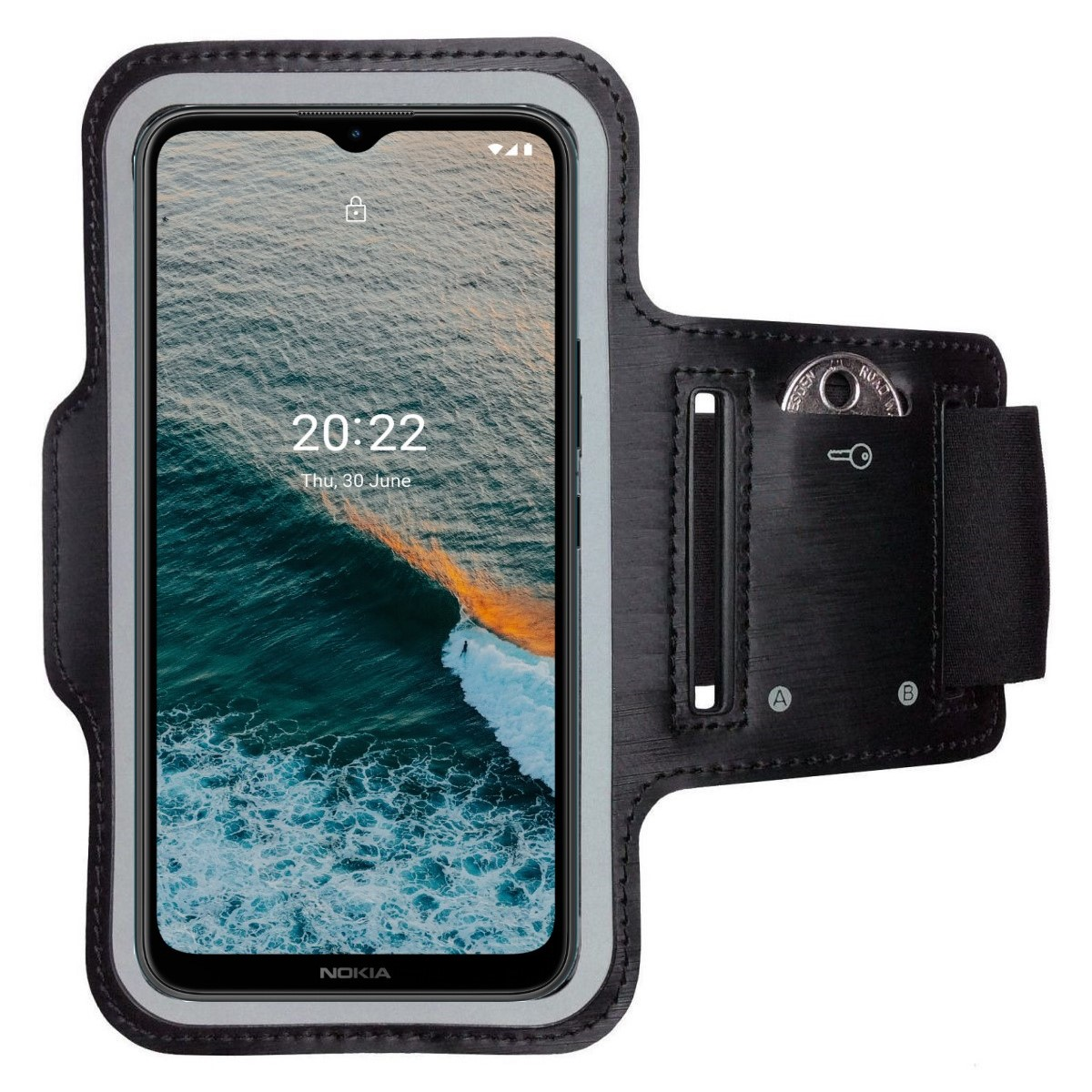 Schwarzer Telefon-Armband mit einem Telefon, das die Zeit anzeigt. Ozeanwellenbild auf dem Bildschirm.