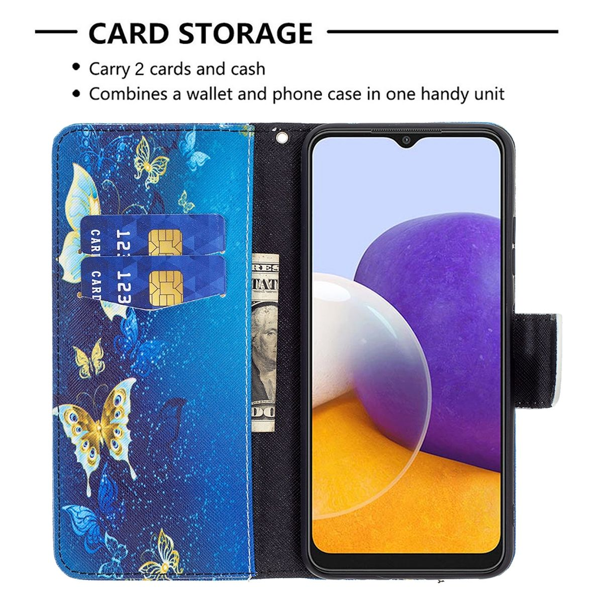 WIGENTO Muster Motiv Design Tasche A22 Kreditkarten 5G, Druck Samsung, mit Galaxy Fach, Bookcover, mit Schwarz