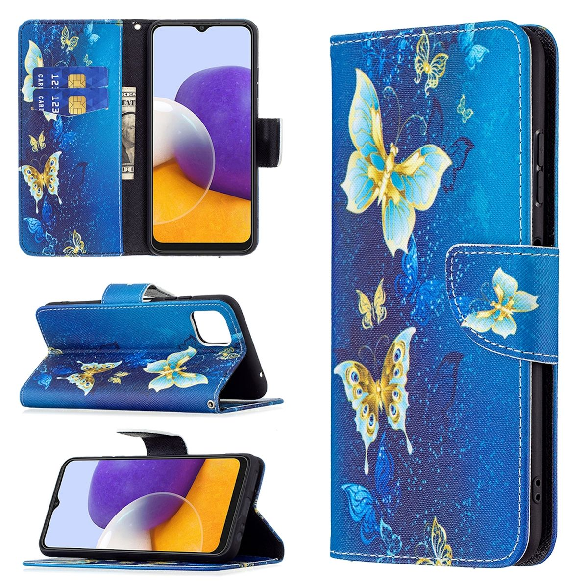 WIGENTO Muster Motiv Design Tasche A22 Kreditkarten 5G, Druck Samsung, mit Galaxy Fach, Bookcover, mit Schwarz
