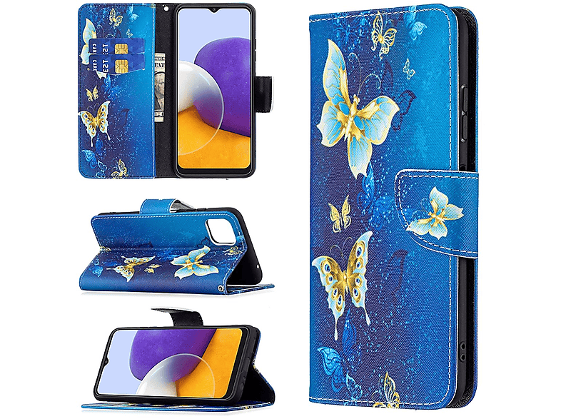 WIGENTO Muster Motiv Design Tasche mit Kreditkarten Fach, Bookcover, Samsung, Galaxy A22 5G, Schwarz mit Druck
