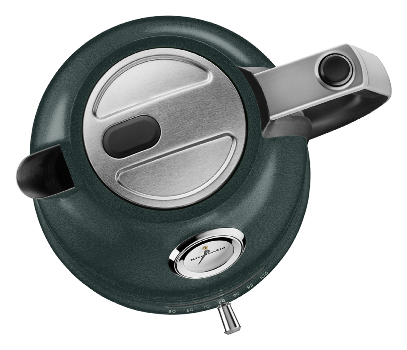 Draufsicht auf einen dunkelgrünen KitchenAid Wasserkocher mit silbernem Griff.