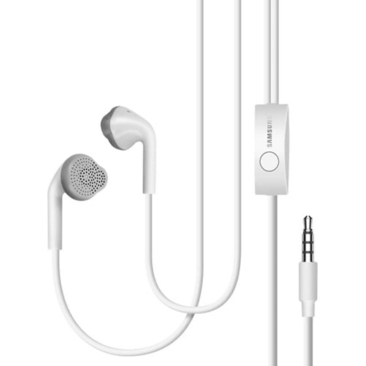 Auricolari bianchi con microfono e telecomando integrati. Il cavo ha un jack da 3,5 mm.