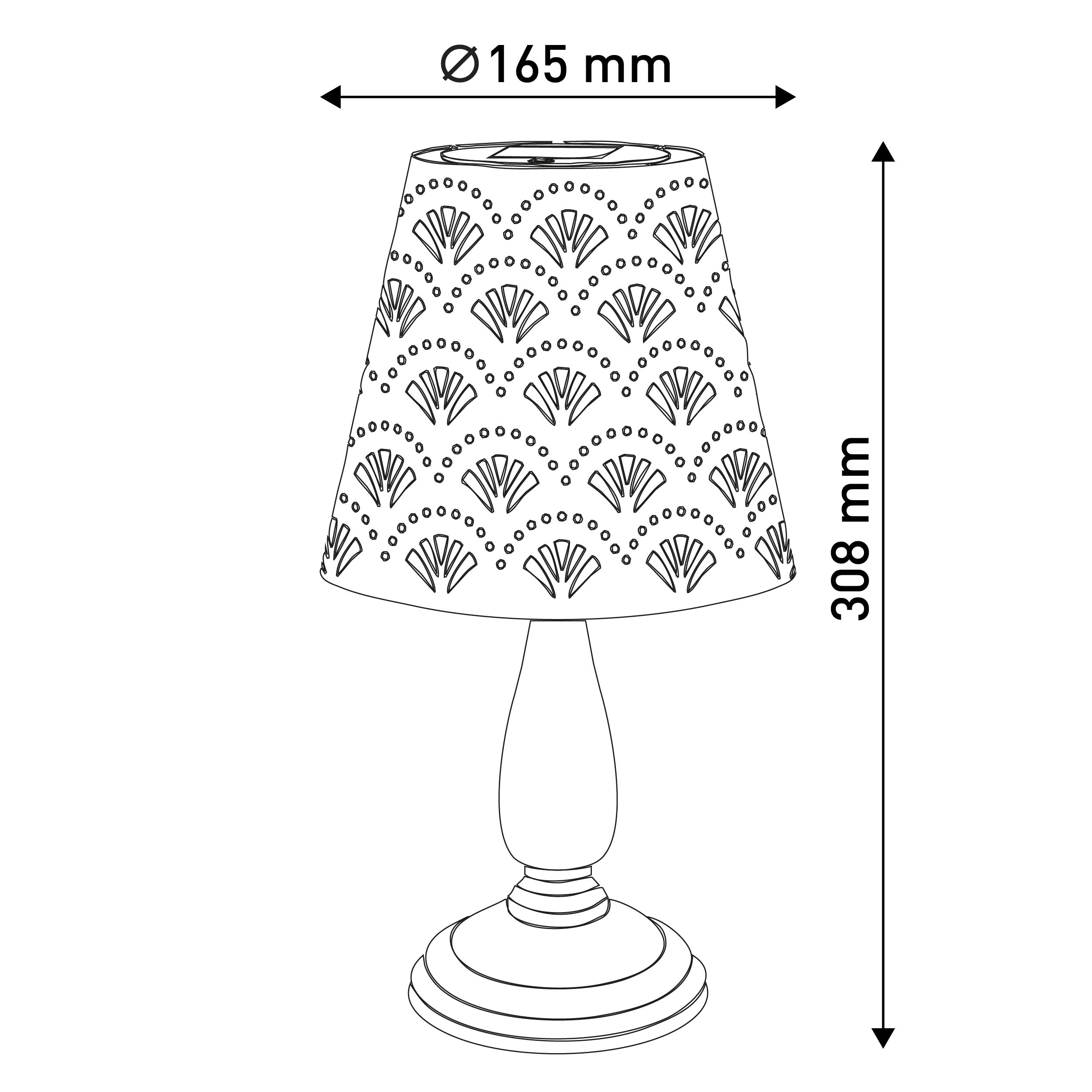 Weiße Tischlampe mit floralem Lampenschirm. Abmessungen gezeigt. Weißer Hintergrund.