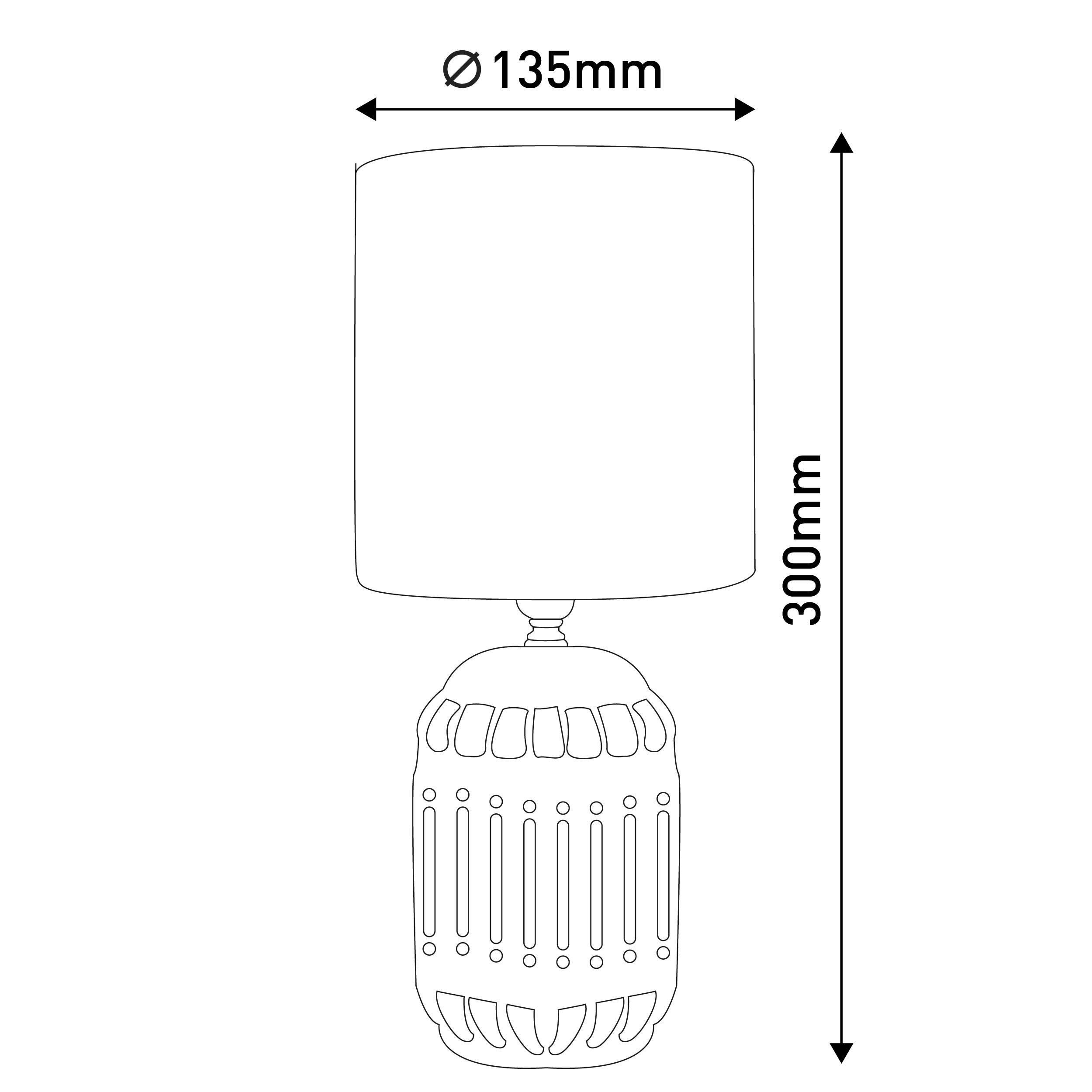 Eine Strichzeichnung einer Lampe. Die Lampe hat einen Lampenschirm und einen dekorativen Sockel. Maße sind angegeben.