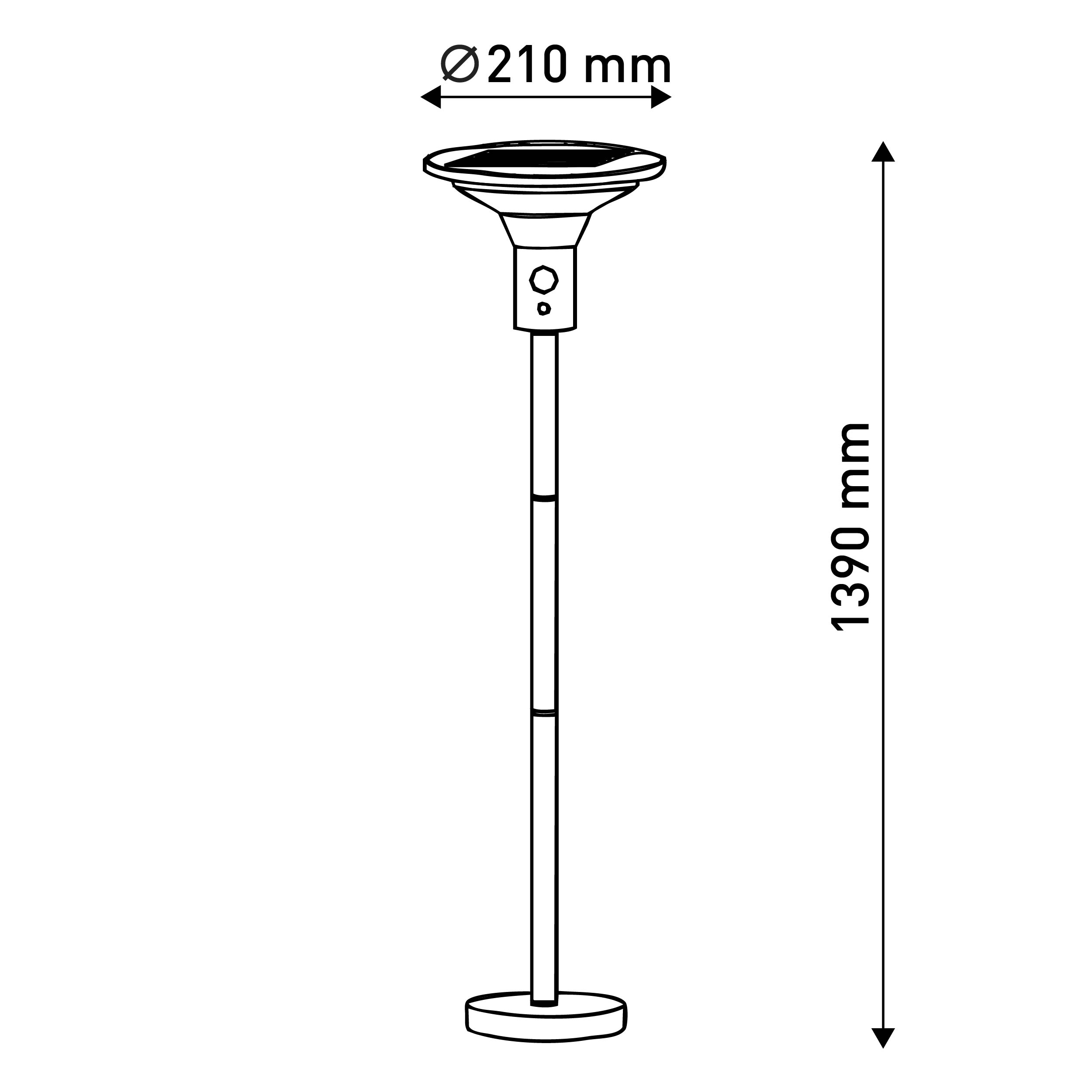 Eine hohe, schlanke Gartenlampe mit rundem Oberteil und langem Pfahl. Abmessungen: 1390 mm hoch, 210 mm breit.