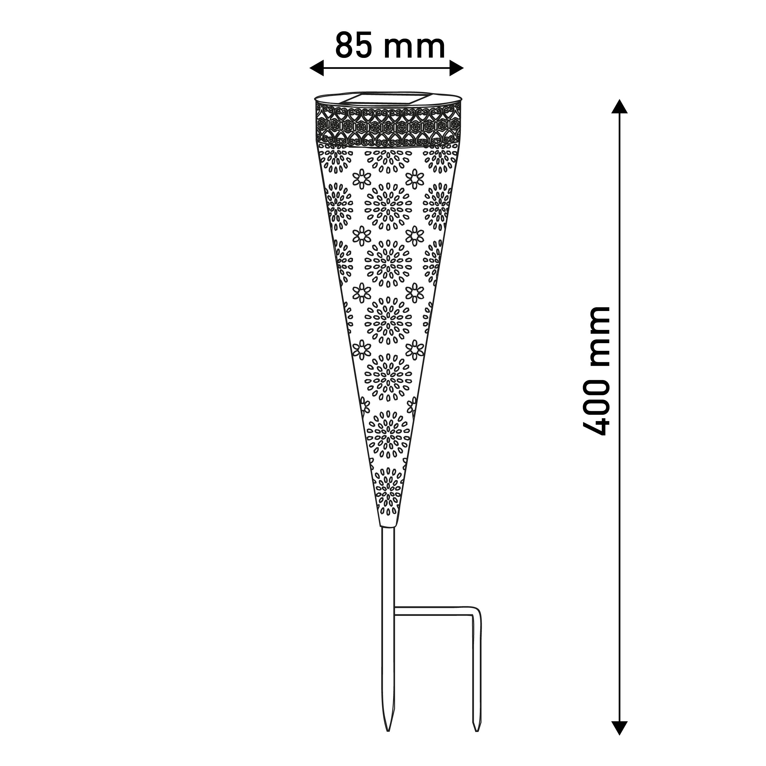 Eine Garten-Solarleuchte mit floralem Design. Die Lampe ist schwarz und hat einen Pfahl zum Einpflanzen.
