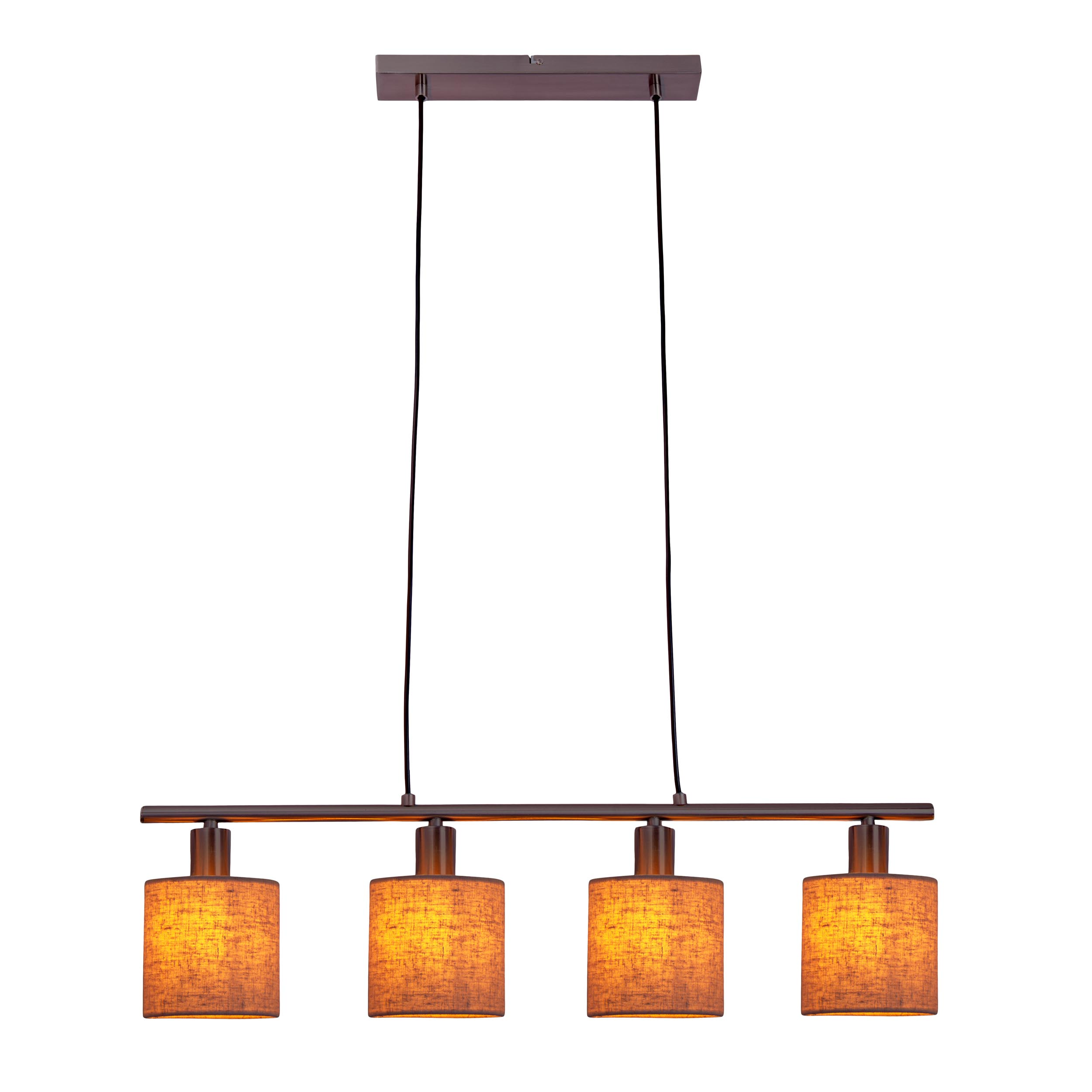 Braune Deckenlampe mit vier Leuchten, braunem Balken und schwarzen Drähten.