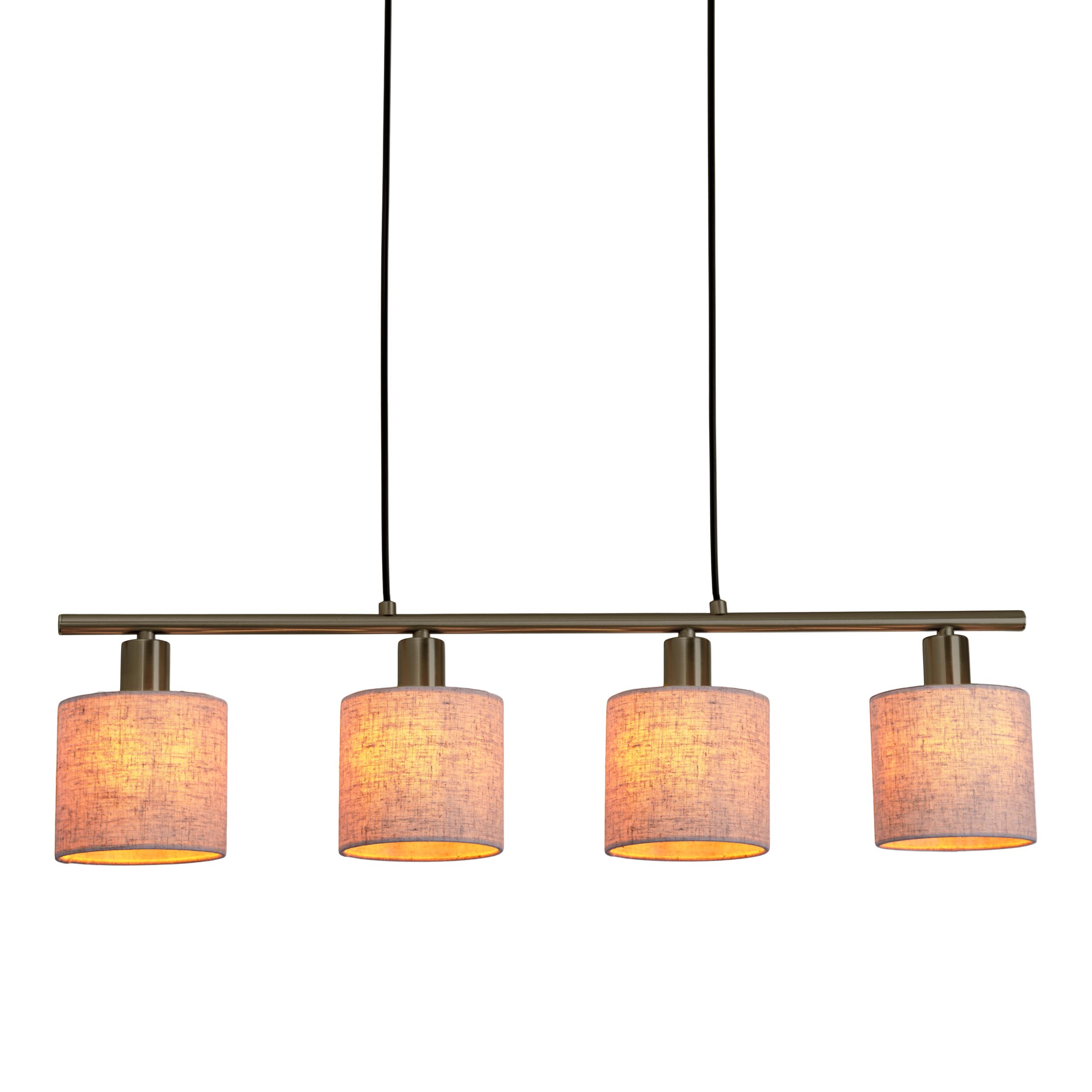 Vier Lampen mit Stoffschirmen, die an einer Stange hängen. Braunes Metall und hellgraue Schirme. Weißer Hintergrund.