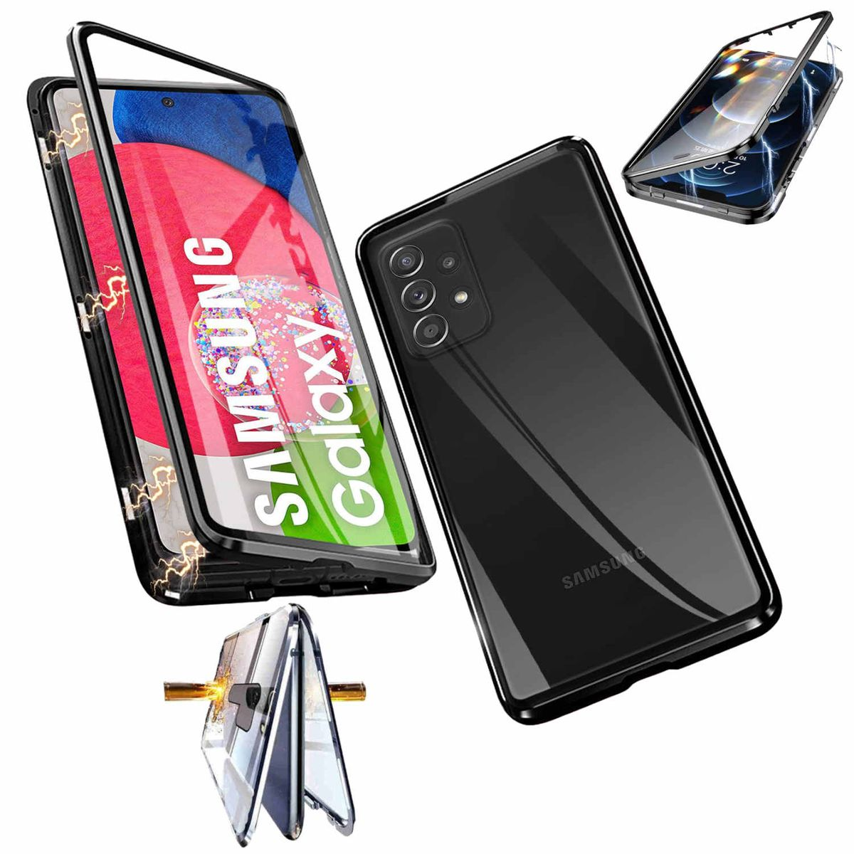 WIGENTO Beidseitiger 360 Samsung, Grad Hülle, Schwarz / Cover, 5G, Glas Galaxy Transparent Metall Full Magnet A23