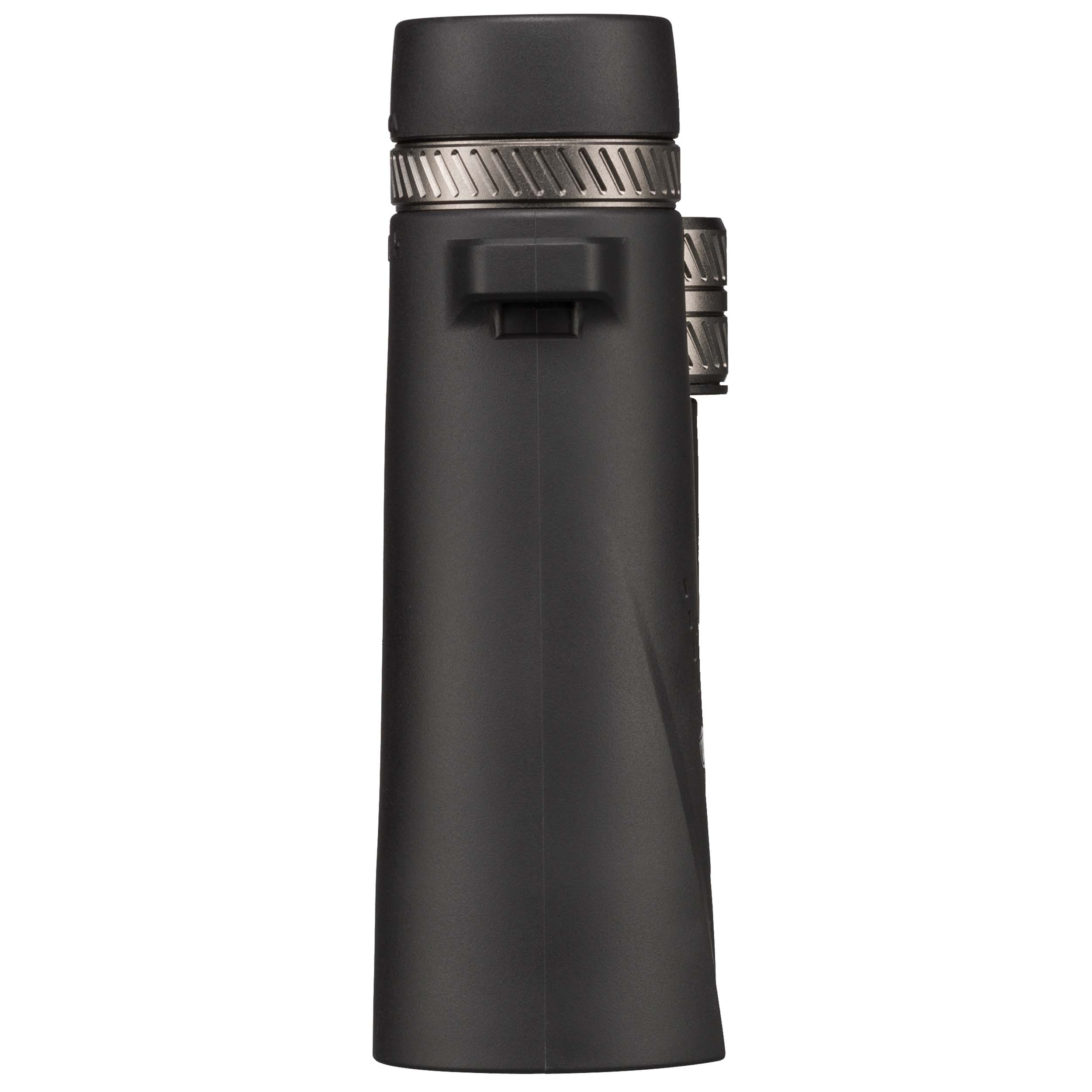 Un telescopio monocular negro y cilíndrico. Incluye una banda plateada y un dial de enfoque.