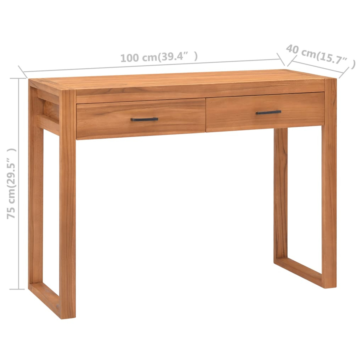 Holzschreibtisch mit zwei Schubladen, schwarzen Griffen und Abmessungen in cm und Zoll.