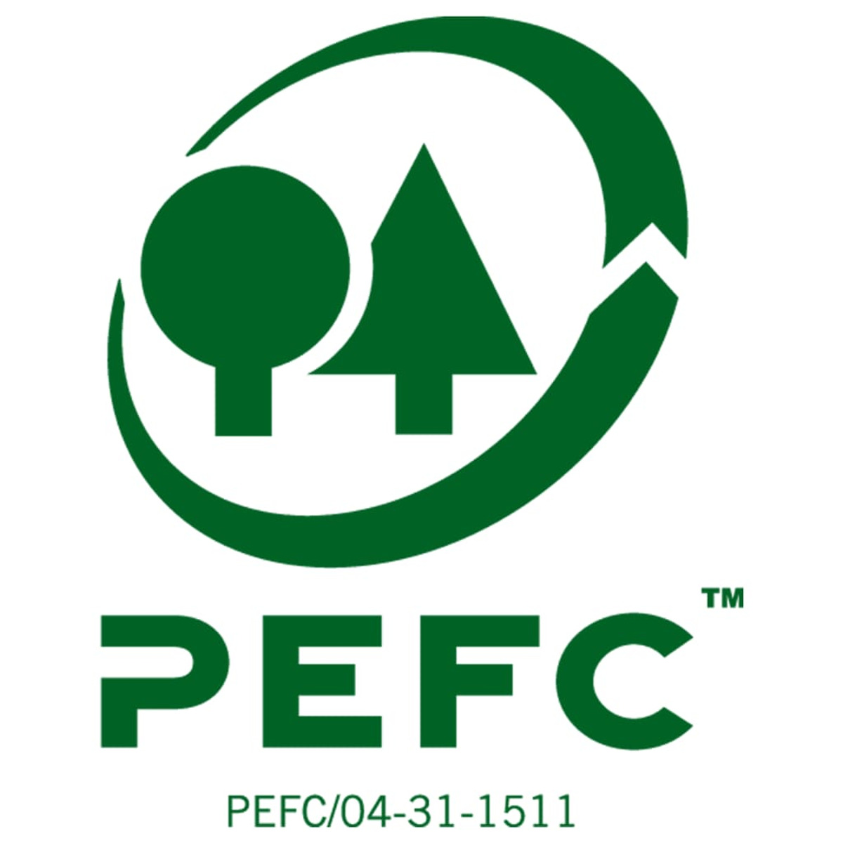 Grünes PEFC-Logo mit Baum und Kreis. Text: PEFC.