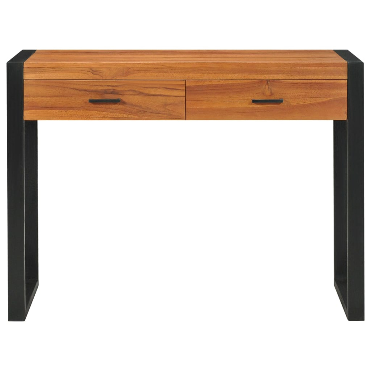 Holzschreibtisch mit zwei Schubladen und schwarzen Metallbeinen. Klares Design.