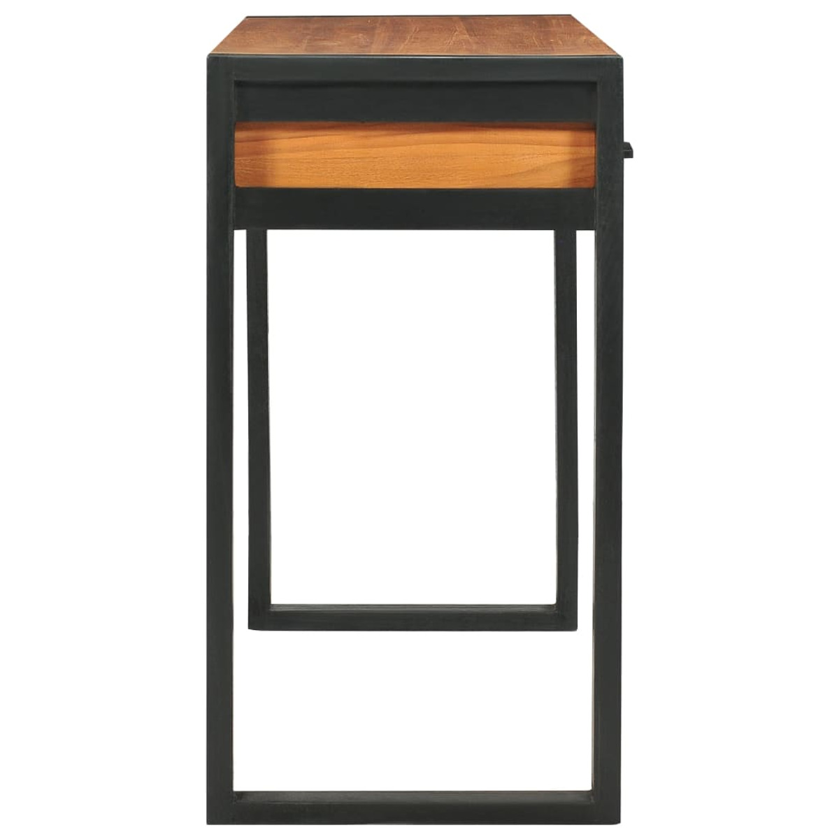 Ein Holzschreibtisch mit schwarzem Metallrahmen, von der Seite gesehen, auf weißem Hintergrund.