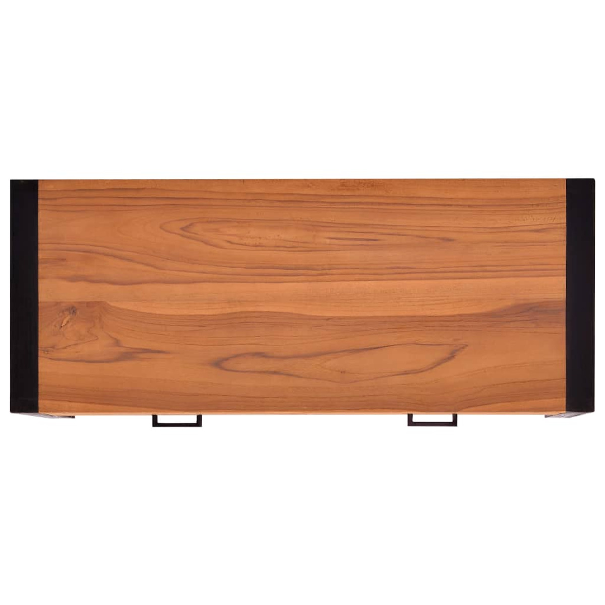 Holztischplatte mit schwarzem Metallrahmen.