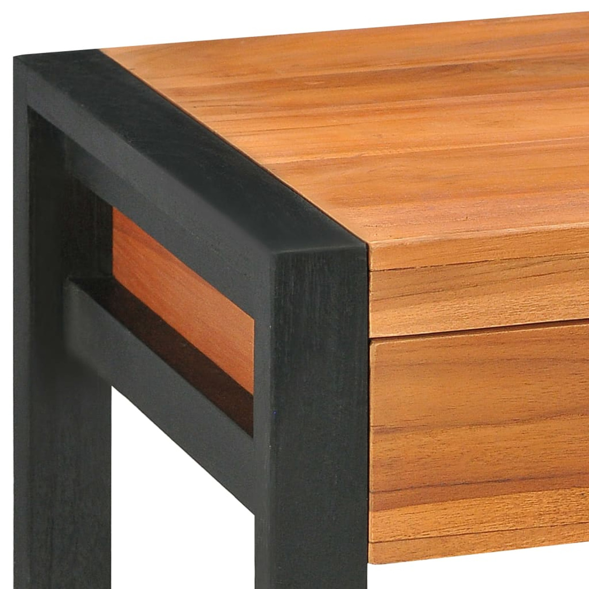 Holzschreibtischecke mit schwarzem Metallrahmen. Nahaufnahme. Braunes Holz und schwarzes Metall.